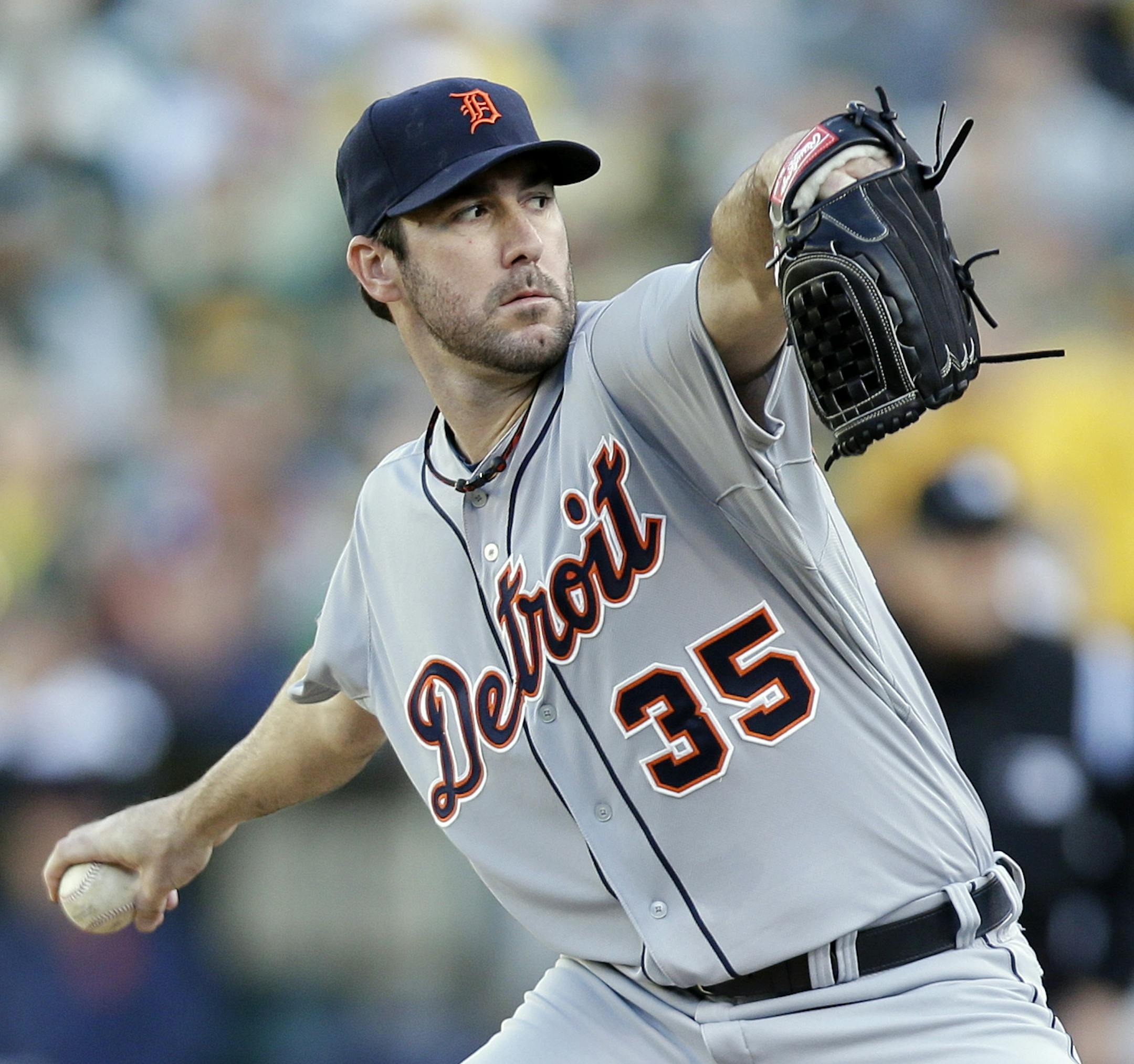 CORRECTS TO AL BASEBALL DIVISION SERIES NOT AL BASEBALL CHAMPIONSHIP SERIES - Detroit Tigers pitcher Justin Verlander delivers in the first inning of Game 5 of an AL baseball division series against the Oakland Athletics in Oakland, Calif., Thursday, Oct. 10, 2013. (AP Photo/Marcio Jose Sanchez)