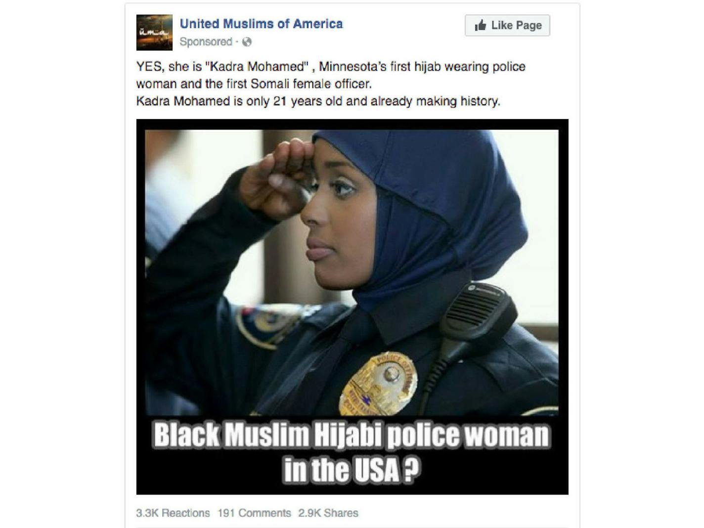 This post about Minnesota's first hijab-wearing police officer was among the ads sponsored on Facebook as part of Russia's efforts to interfere in U.S. politics.