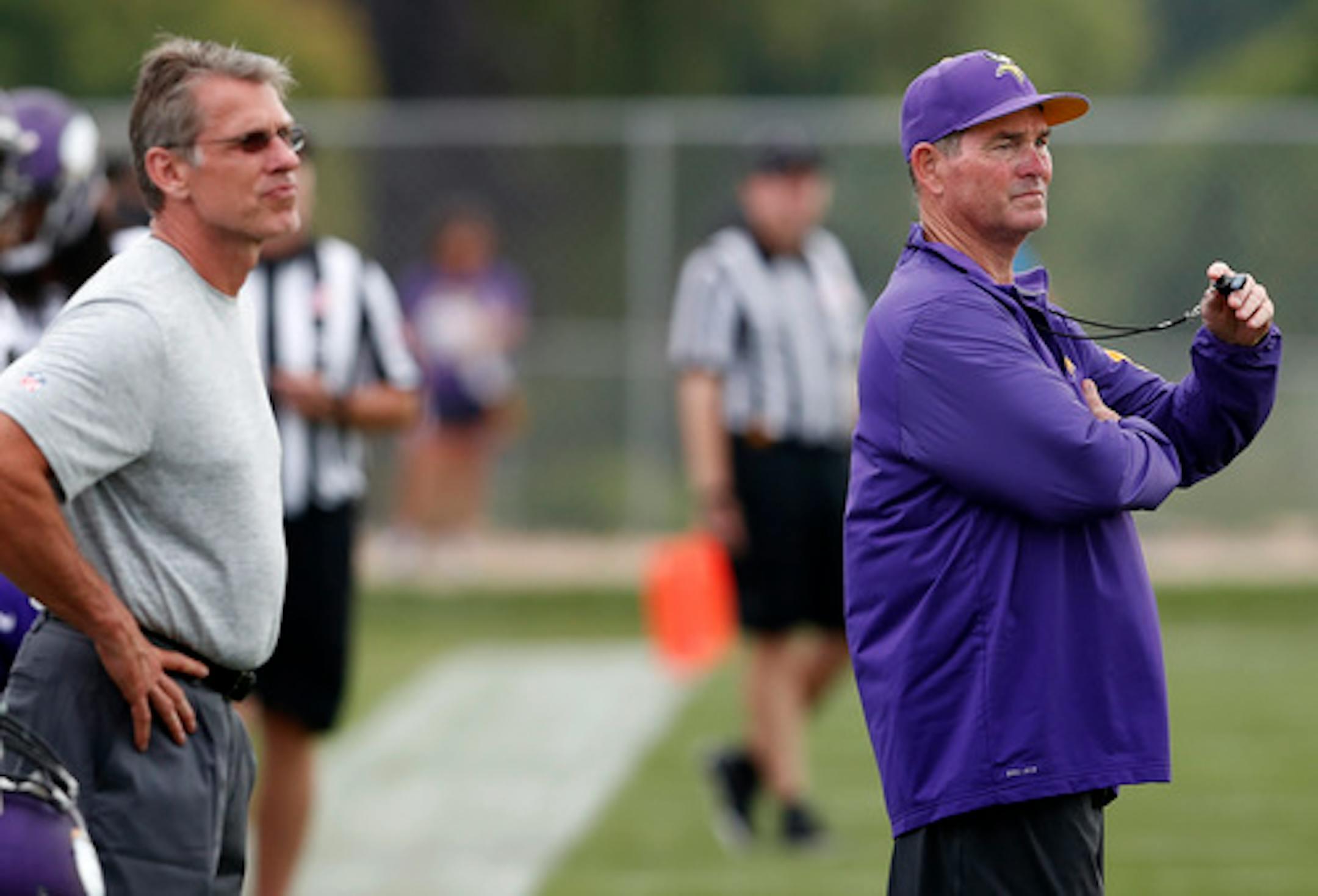 Minnesota Vikings general manager Rick Spielman and head coach Mike Zimmer watched the afternoon practice.       ] CARLOS GONZALEZ  cgonzalez@startribune.com - August 1, 2016, Mankato, MN, Minnesota State University, Mankato, Minnesota Vikings Training Camp