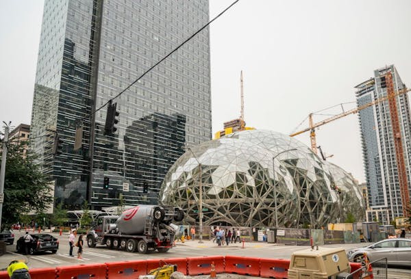 A recently built trio of geodesic domes, an addition to Amazon's Seattle headquarters building, in September.