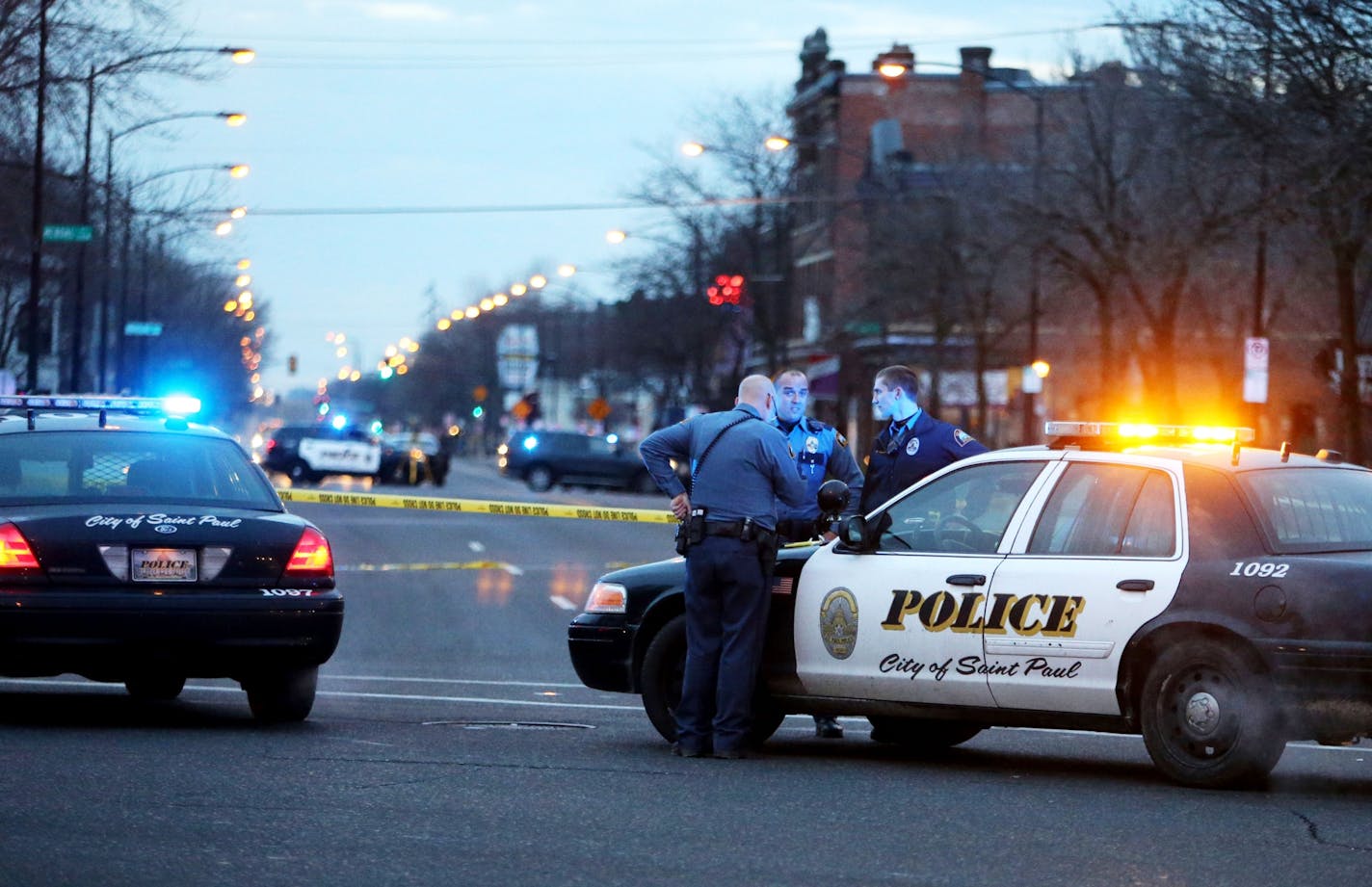 Scene of an early morning homicide where two people are dead and a third critically wounded near the Salvation Army at 7th St and Smith Ave. Thursday, Dec. 10, 2015, in St. Paul, MN.