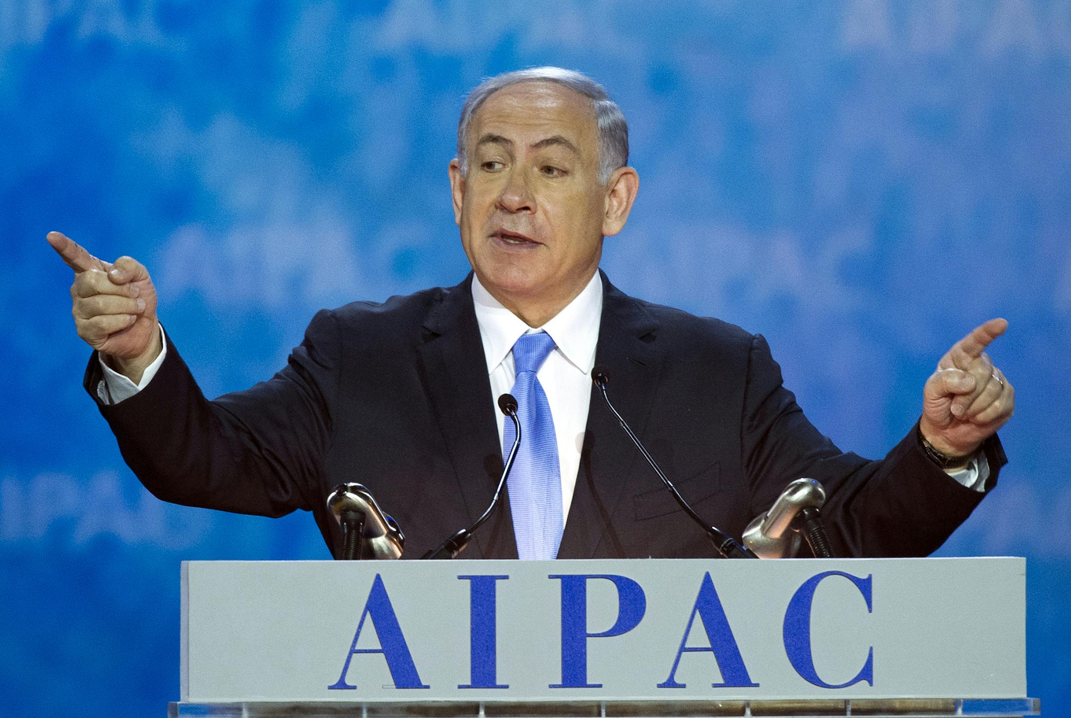 Israeli Prime Minister Benjamin Netanyahu gestures while speaking at the 2015 American Israel Public Affairs Committee (AIPAC) Policy Conference in Washington, Monday, March 2, 2015. (AP Photo/Cliff Owen) ORG XMIT: MIN2015030214202654