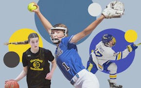 Basketball player Chloe Johnson of Duluth Marshall, left, softball player AnnaBelle Waldoch of Rogers, center, and hockey player Bo Schmidt of St. Clo