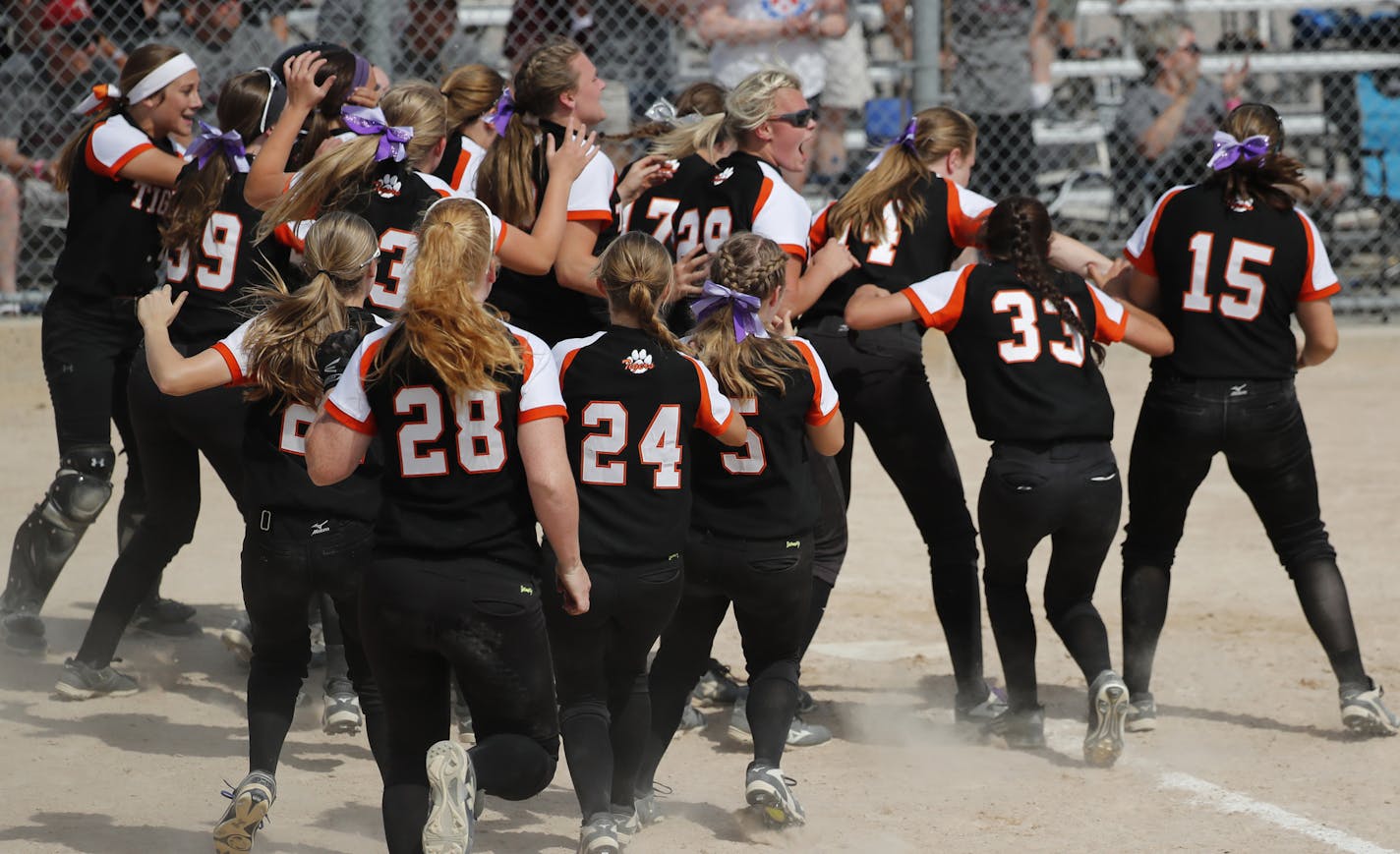 Farmington gathered at home plate to cheer infielder Emma Frost after her game-winning home run at the bottom of the tenth inning. ] MARK VANCLEAVE &#xef; mark.vancleave@startribune.com * The Farmington Tigers defeated the Anoka Tornadoes 1-0 with a home run in the tenth inning, winning the Class 4A state championship on Friday, July 9, 2017 in North Mankato.