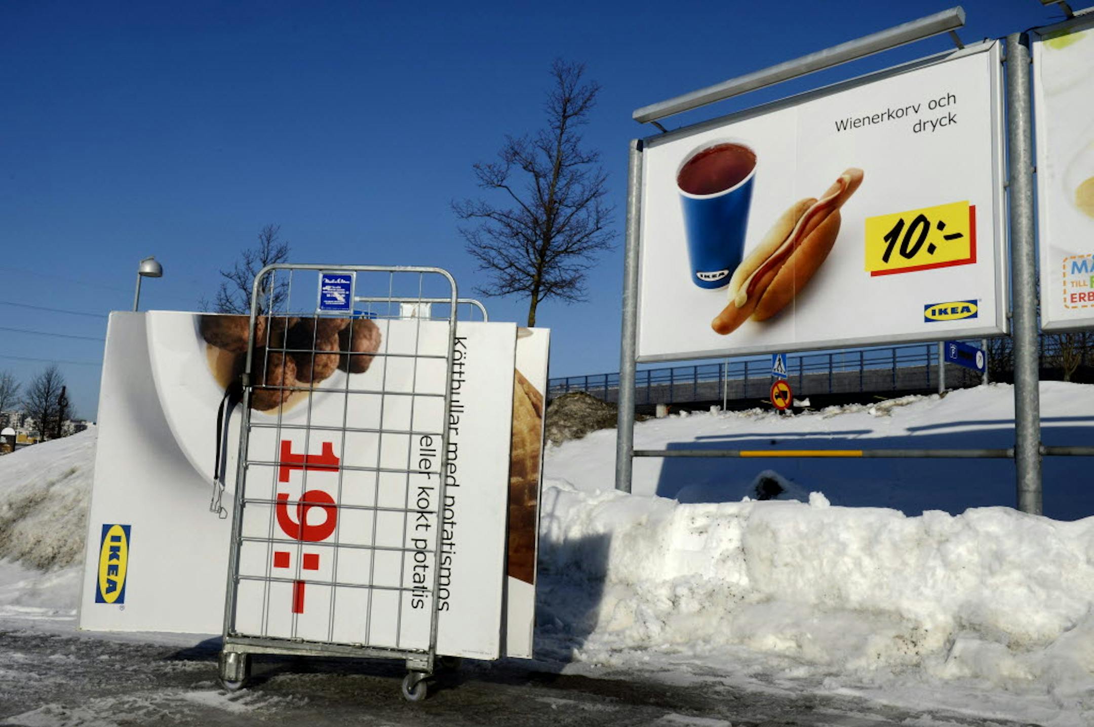Advertising billboards for Ikea meat balls are taken down from a parking at the Ikea store in Stockholm, Sweden, Monday, Feb. 25, 2012. Swedish furniture giant Ikea was drawn into Europe's widening food labeling scandal Monday as authorities in the Czech Republic said they had detected horse meat in frozen meatballs labeled as beef and pork and sold in 13 countries across the continent. (AP Photo/Jessica Gow)