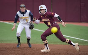 Gophers infielder Sydney Strelow darted toward second base on a ground ball during a victory against Michigan on May 6 at Jane Sage Cowles Stadium.