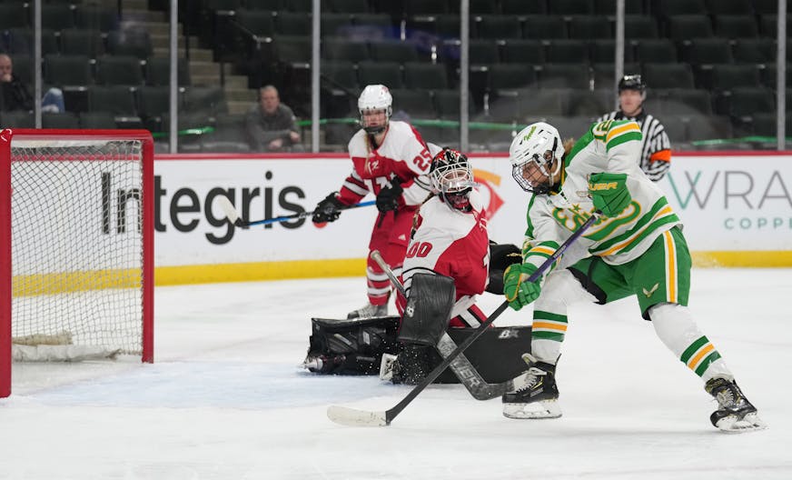 Edina forward Lorelai Nelson saw a wide-open net after getting past the Lakeville North defense and goaltender Kaia Weiland on Thursday.&nbsp;