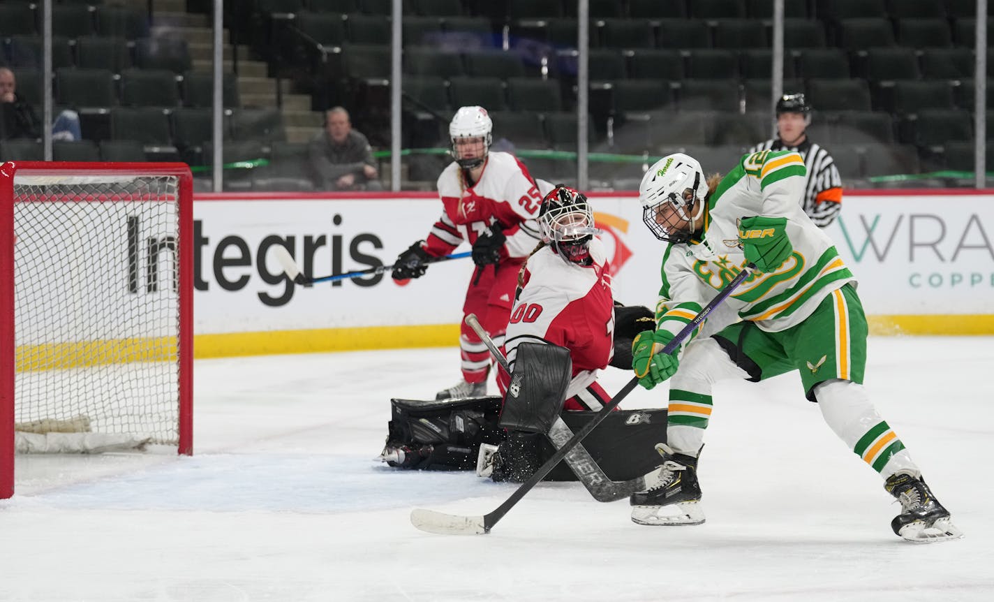 Edina forward Lorelai Nelson saw a wide-open net after getting past the Lakeville North defense and goaltender Kaia Weiland on Thursday.&nbsp;