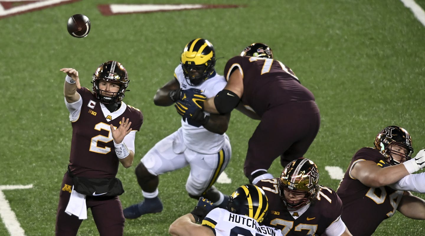 Minnesota Gophers quarterback Tanner Morgan (2) attempted a pass under pressure in the second quarter against the Michigan Wolverines. ] AARON LAVINSKY • aaron.lavinsky@startribune.com The Minnesota Gophers played the Michigan Wolverines on Saturday, Oct. 24, 2020 at TCF Bank Stadium in Minneapolis, Minn.