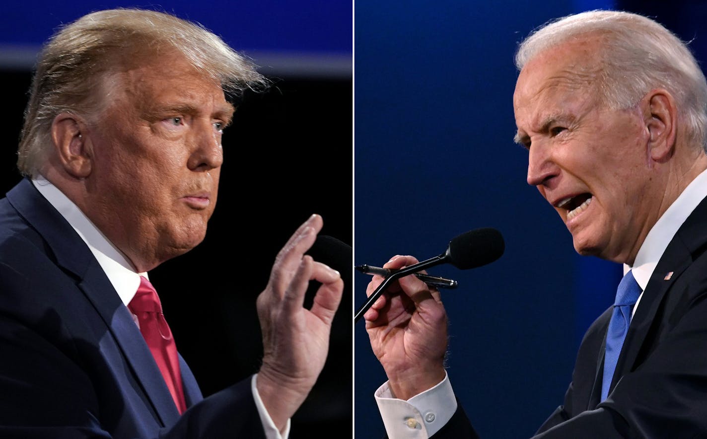 This combination of pictures created on October 22, 2020 shows US President Donald Trump (L) and Democratic Presidential candidate and former US Vice President Joe Biden during the final presidential debate at Belmont University in Nashville, Tennessee, on October 22, 2020. (Brendan Smialowski and Jim Watson/AFP via Getty Images/TNS) ORG XMIT: 1817624