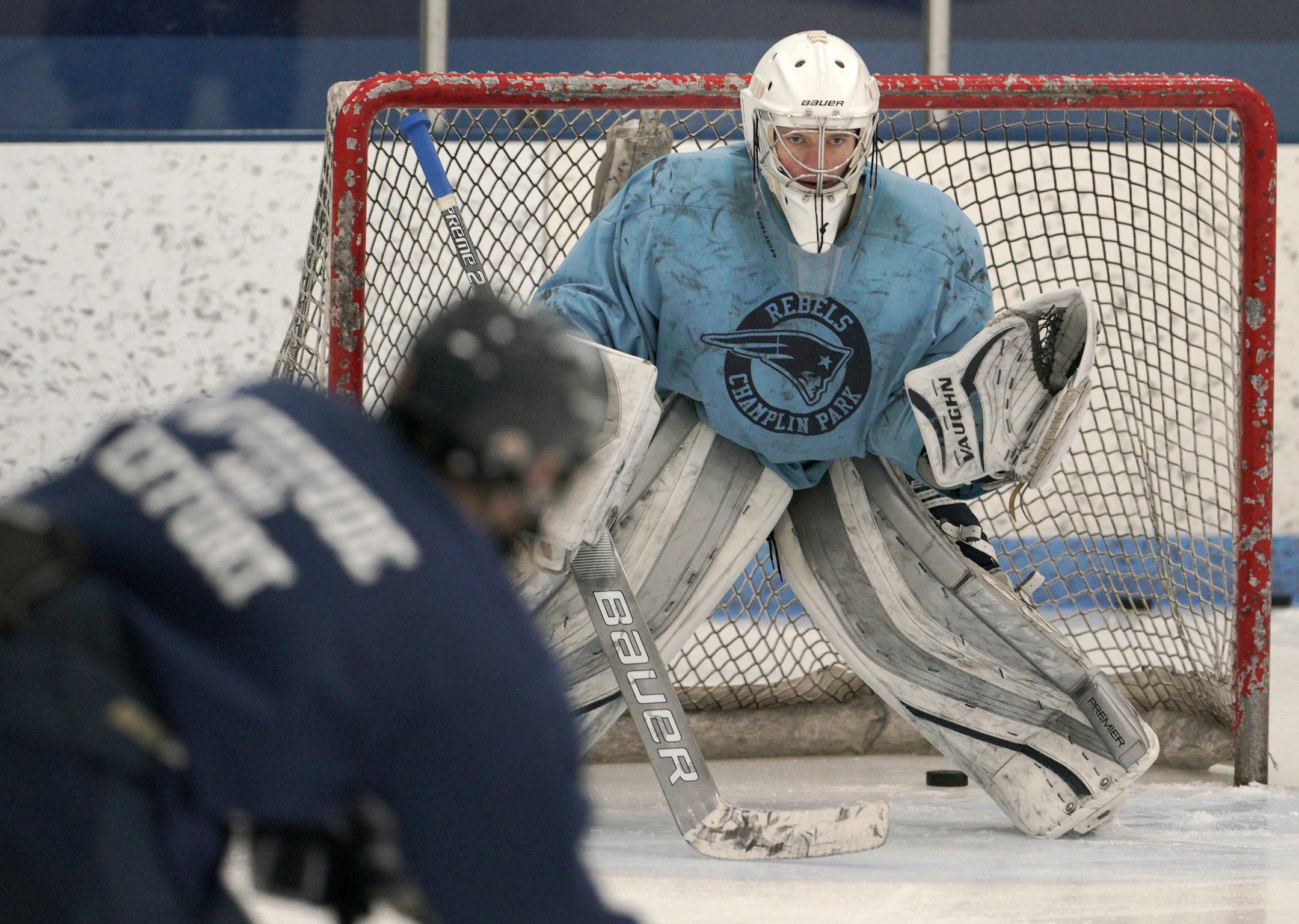 Champlin Park senior goaltender Brennan Boynton at practice last week in Brooklyn Park. Photo: BRIAN PETERSON ¥ brian.peterson@startribune.com