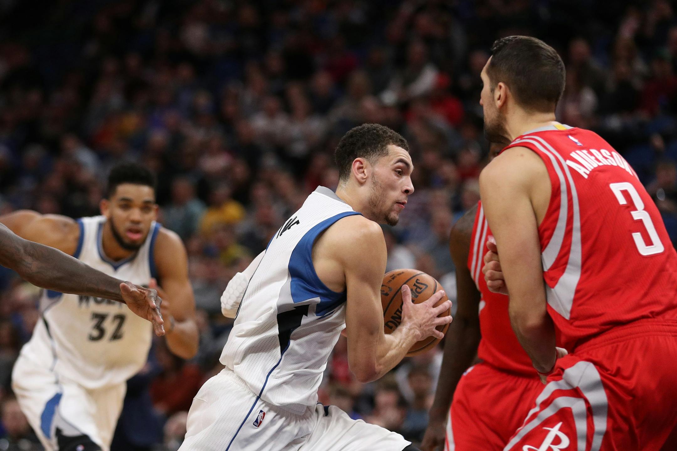 Minnesota Timberwolves guard Zach LaVine (8) drives to the basket in the first half.