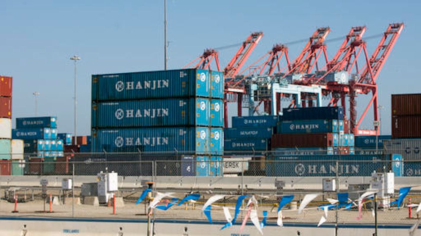 South Korea's Hanjin Shipping Co. containers are seen in the Port of Long Beach, Calif., on Thursday, Sep 1, 2016. The bankruptcy of the Hanjin shipping line has thrown ports and retailers around the world into confusion, with giant container ships marooned and merchants worrying whether tons of goods will reach their shelves. The South Korean giant filed for bankruptcy protection on Wednesday and stopped accepting new cargo. With its assets being frozen, ships from China to Canada found themsel