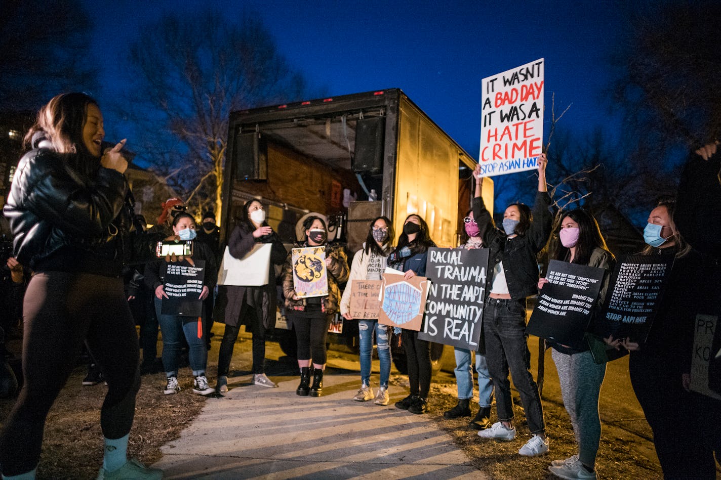 On March 18, 2021 at Levin Park in Minneapolis, Minnesota, organizer Anthea Yur gathered Asian women in a circle and read their signs as they gathered in solidarity with the six Asian women killed in Atlanta.] RICHARD TSONG-TAATARII ¥ richard.tsong-taatarii@startribune.com