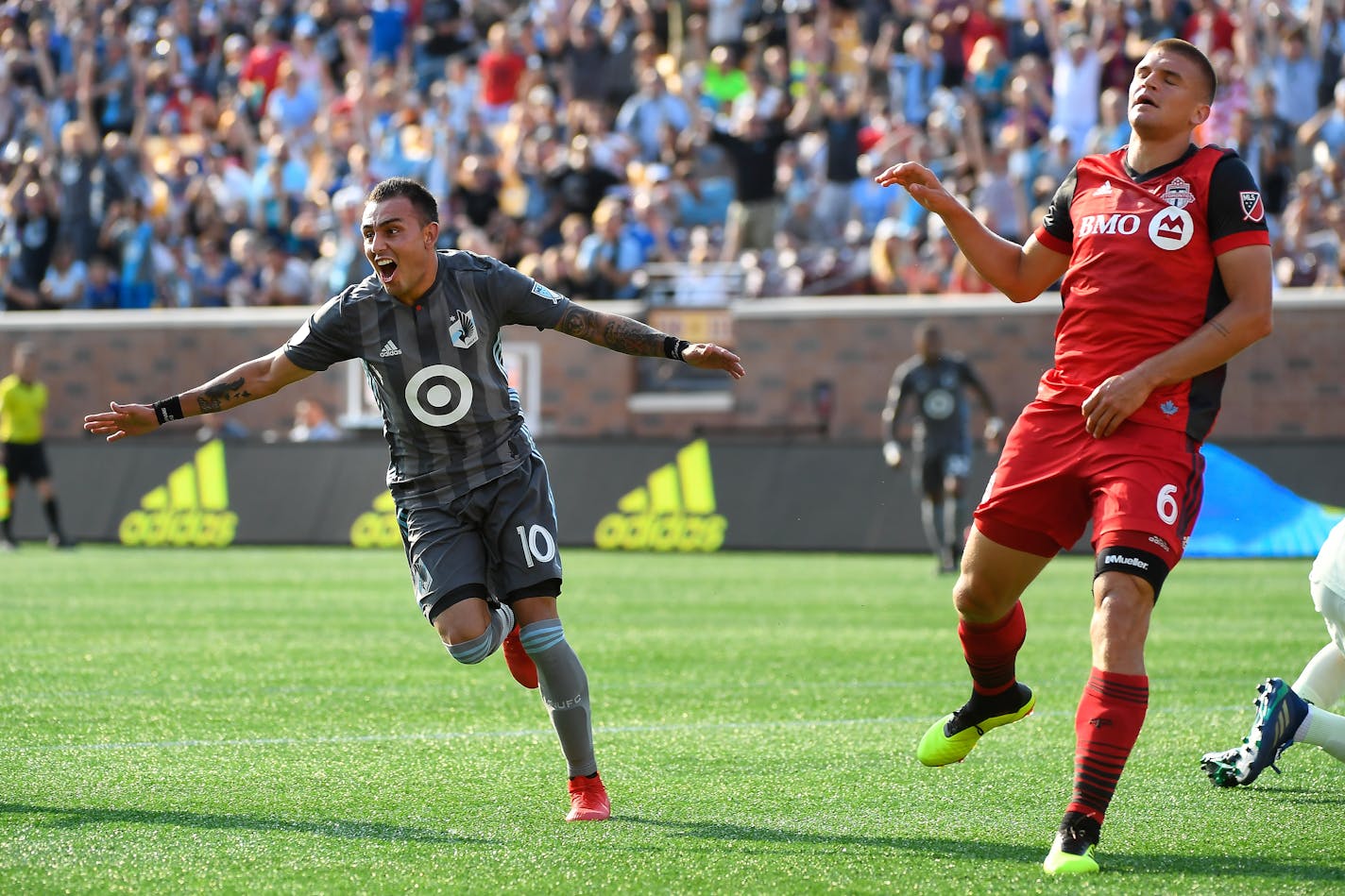 Minnesota United midfielder Miguel Ibarra celebrated a goal against Toronto FC on July 4 last summer. Ibarra scored Saturday in a preseason win over New England.