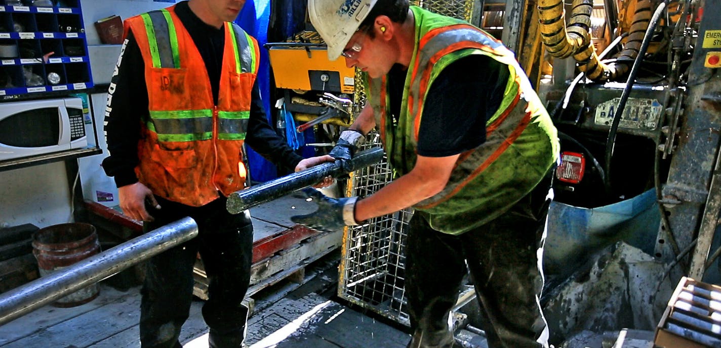 Not since the battle of 1978 to designate the BWCA as a wilderness area has the town of Ely been so divided. This time it's the possibility of Copper/Nickel mining and the promised jobs it brings -vs- the fear that mining so close to the BWCA could contaminate the water. Here, drillers for Twin Metals, at a site near the Kiwishiwi River, pull a core sample from the drill pipe. ]
BRIAN PETERSON &#xa5; brianp@startribune.com
ELY, MN - 05/30/2013