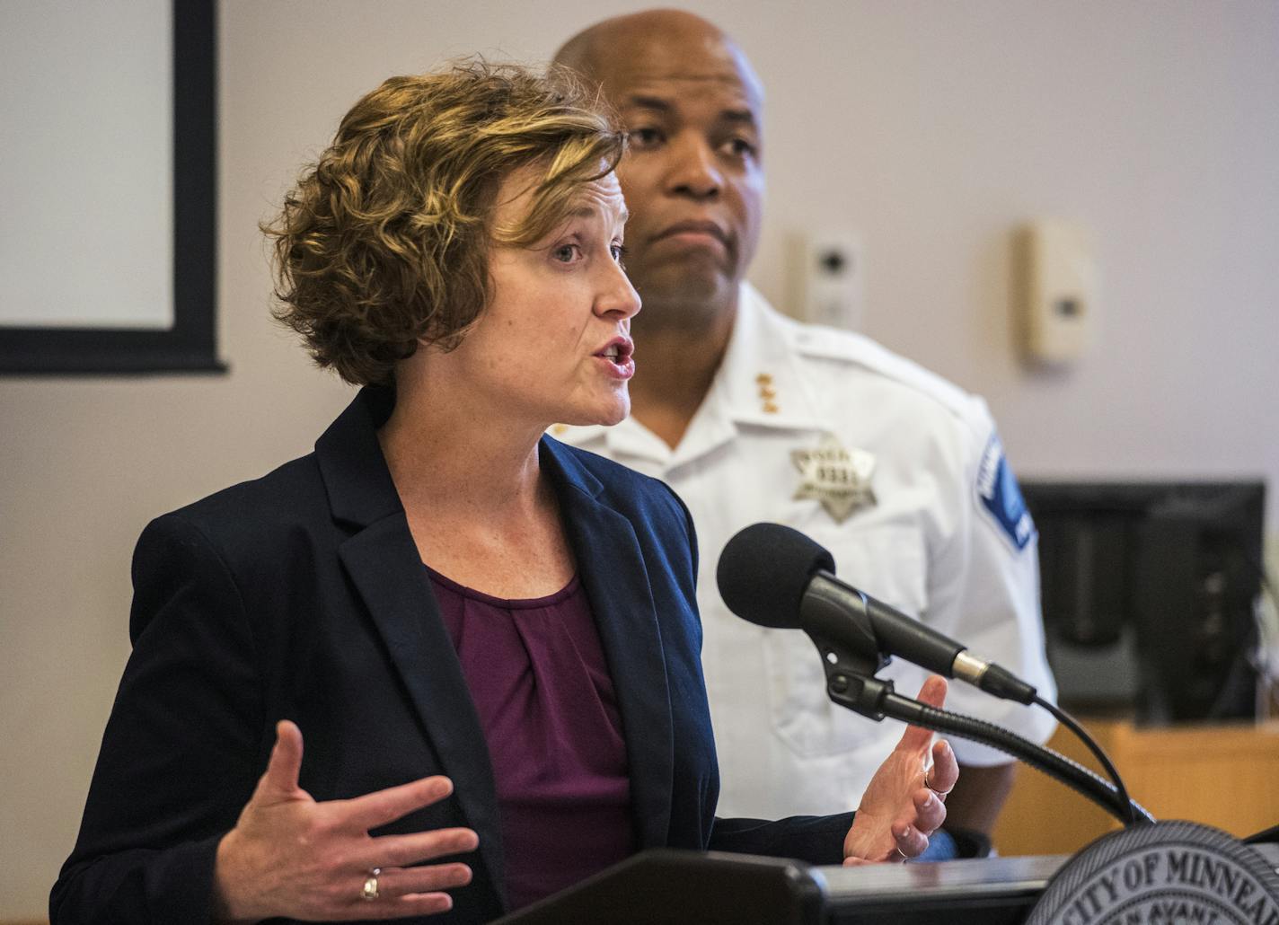 Minneapolis mayor Betsy Hodges and assistant police chief Medaria Arradondo addressed the media. They declined to comment on details of the officer shooting of a woman in south Minneapolis the night before because the BCA is assigned to the case .