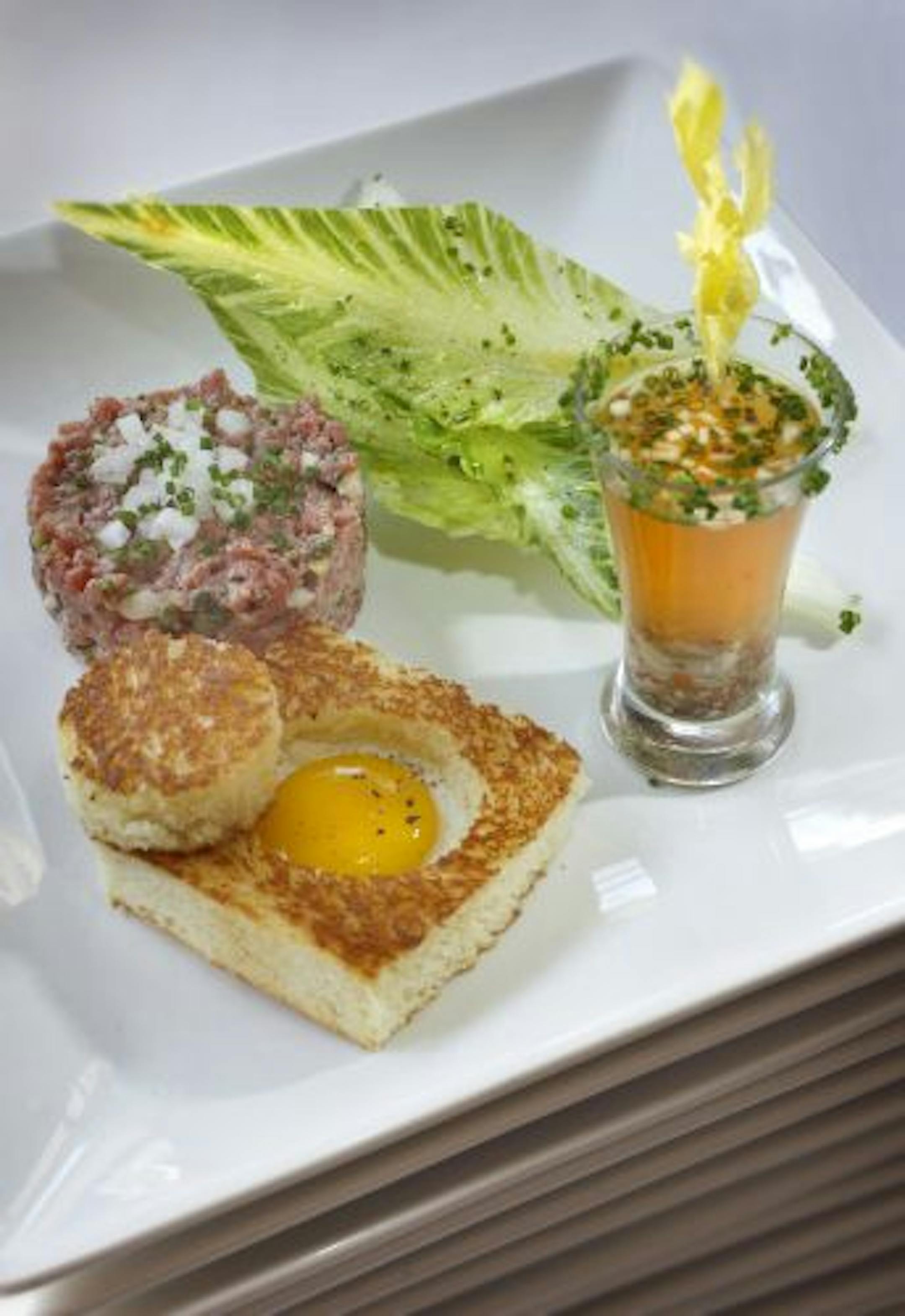 Steak tartare, Egg in a hole, Bloody Mary oyster shooter.