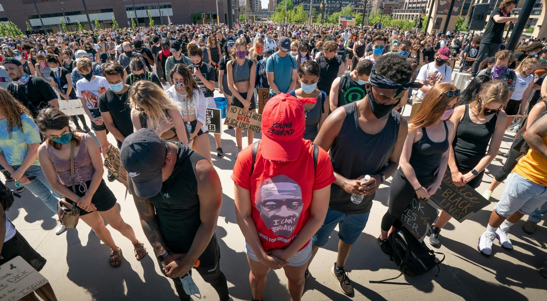 A moment of silence for George Floyd was held at the start of the rally. A rally called Unfinished Business, sponsored by the 10K foundation drew crowds starting from USBank Stadium and then marched toward downtown.