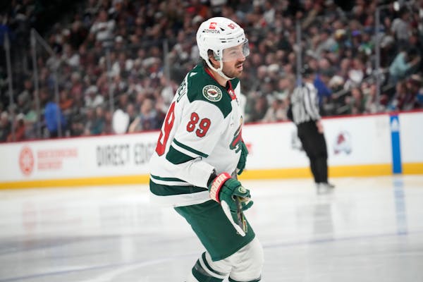 Minnesota Wild center Frederick Gaudreau (89) in the third period of an NHL hockey game Wednesday, March 29, 2023, in Denver. (AP Photo/David Zalubows