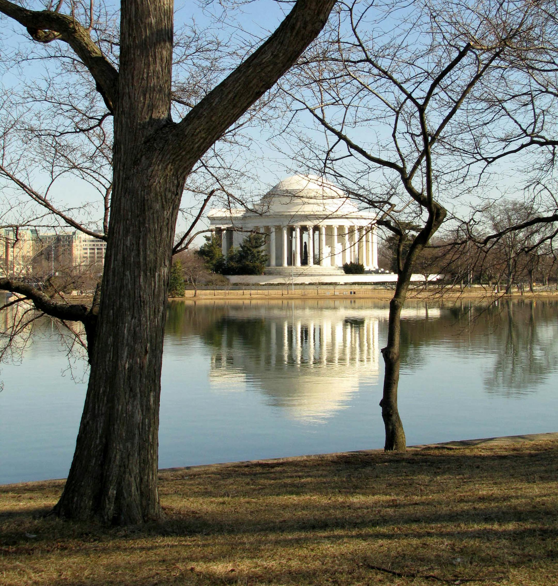 The Thomas Jefferson Memorial reflects off the calm waters of the tidal basin, which is ringed by cherry trees.