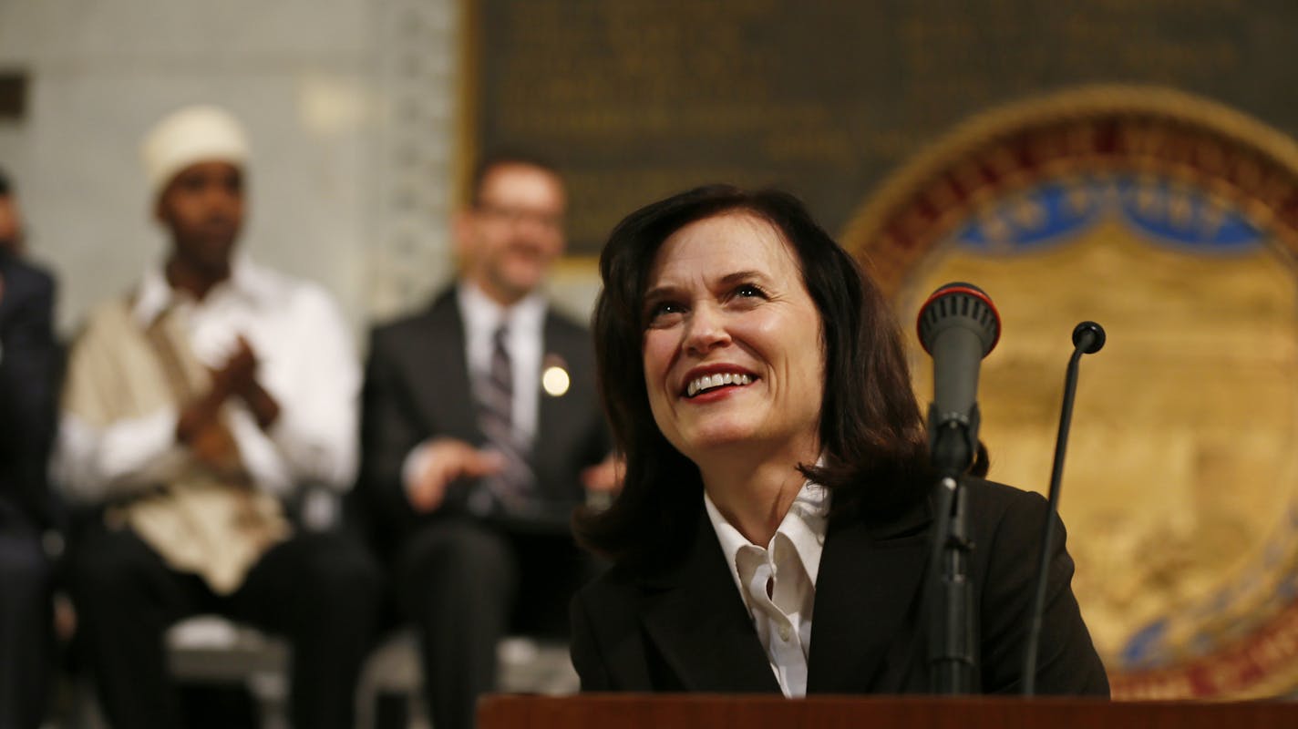 Minneapolis Mayor Betsy Hodges reacts after she was sworn in as mayor, during her inauguration and members of the Minneapolis City Council at the city hall rotunda Monday January 06, 2014 in Minneapolis ,MN. ] JERRY HOLT &#x201a;&#xc4;&#xa2; jerry.holt@startribune.com