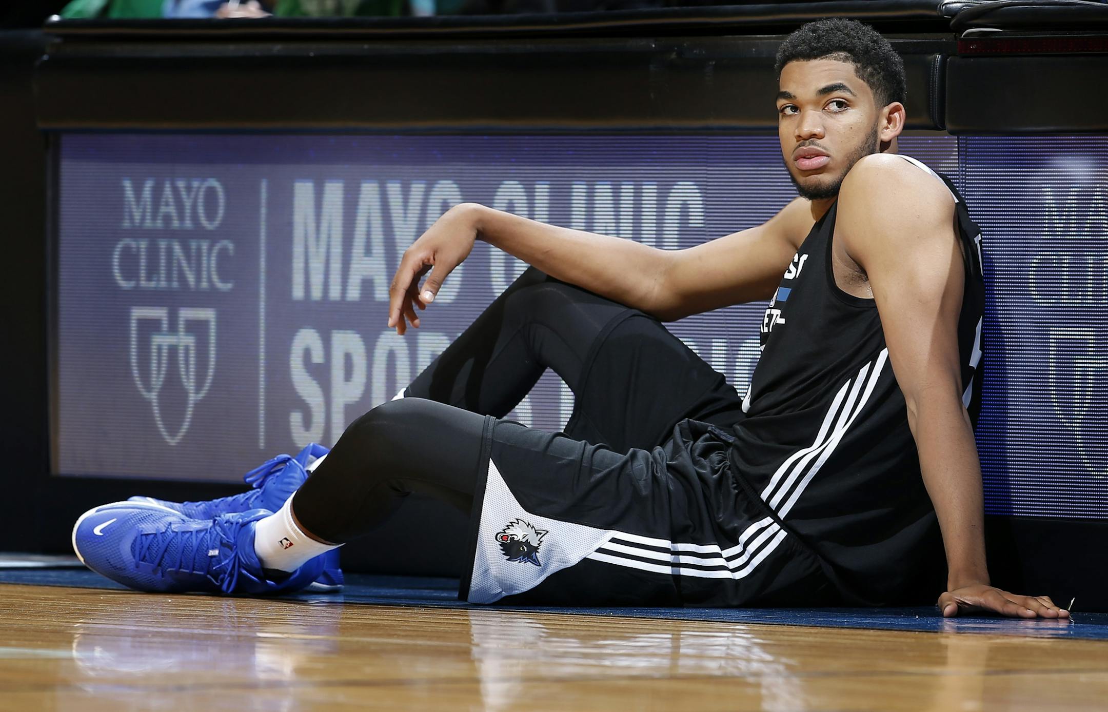 Minnesota Timberwolves Karl-Anthony Towns waited to check back in during team scrimmage.