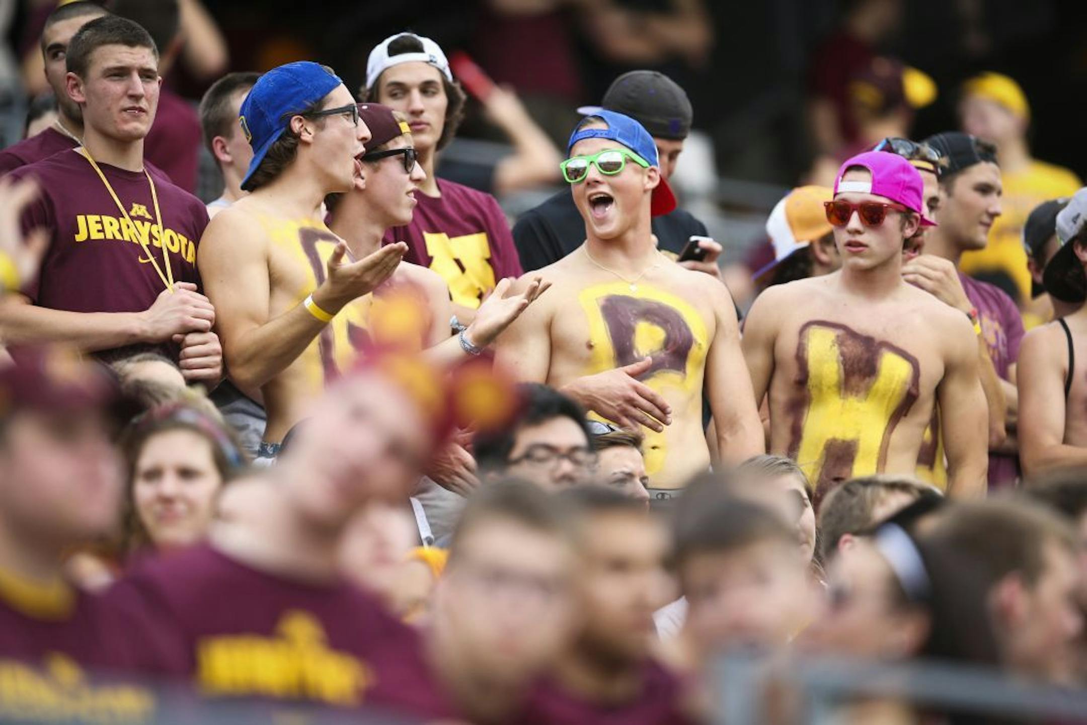 Fans with the letters spelling "Gopher" on their chests, cheered before the Minnesota Gophers vs. UNLV in the season opener at TCF Bank Stadium at the University of Minnesota in Minneapolis, Minn.
