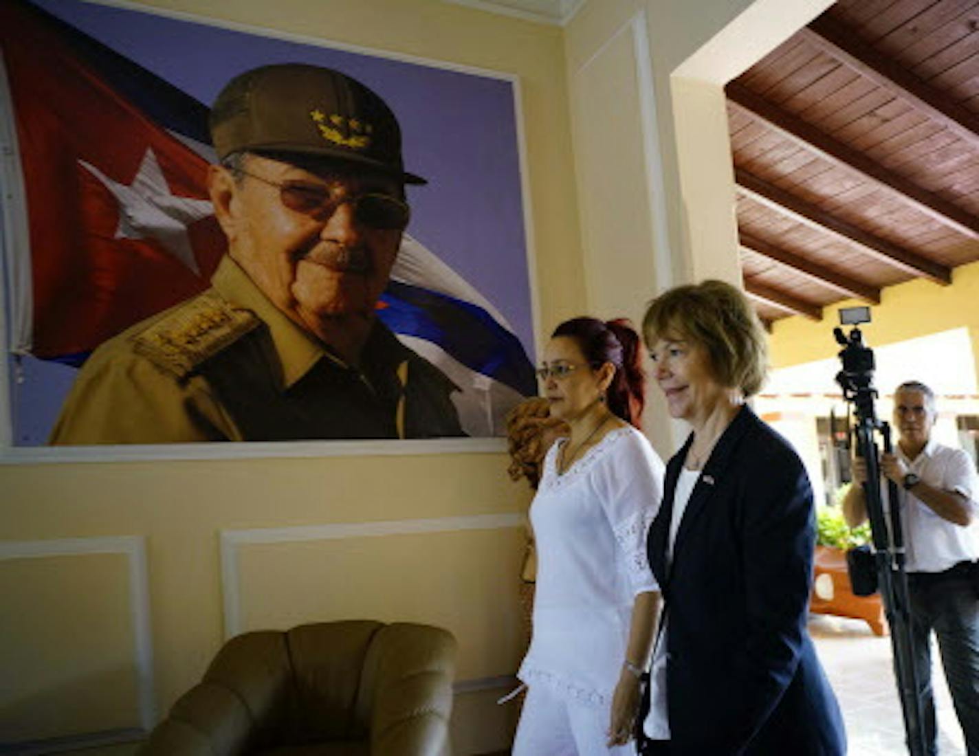 Minnesota Lt. Governor Tina Smith, center, walks with President of the People's Power of Mayabeque, Tamara Valido Ben&#xcc;tez, in San jose de las Lajas, Cuba, Tuesday, June 20, 2017. This is the first delegation to visit Cuba from the United States after President Donald Trump announced a revised Cuba policy aimed at halting the flow of U.S. cash to the country's military and security services while maintaining diplomatic relations. (AP Photo/Ramon Espinosa)