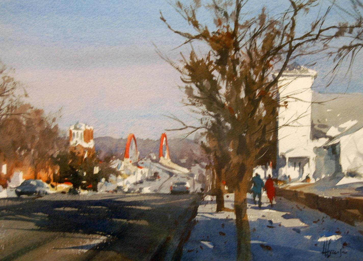 Watercolorist Andy Evansen uses red arches to highlight "View to the Bridge."