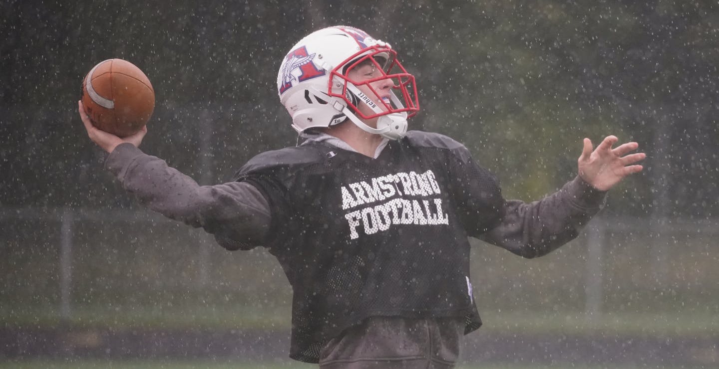 Robbinsdale Armstrong quarterback Jake Breitbart ] Shari L. Gross &#x2022; shari.gross@startribune.com Robbinsdale Armstrong's prolific QB/WR duo of Jake Breitbart and Thai Bowman practiced with the team in the rain on Tuesday afternoon, October 1, 2019.