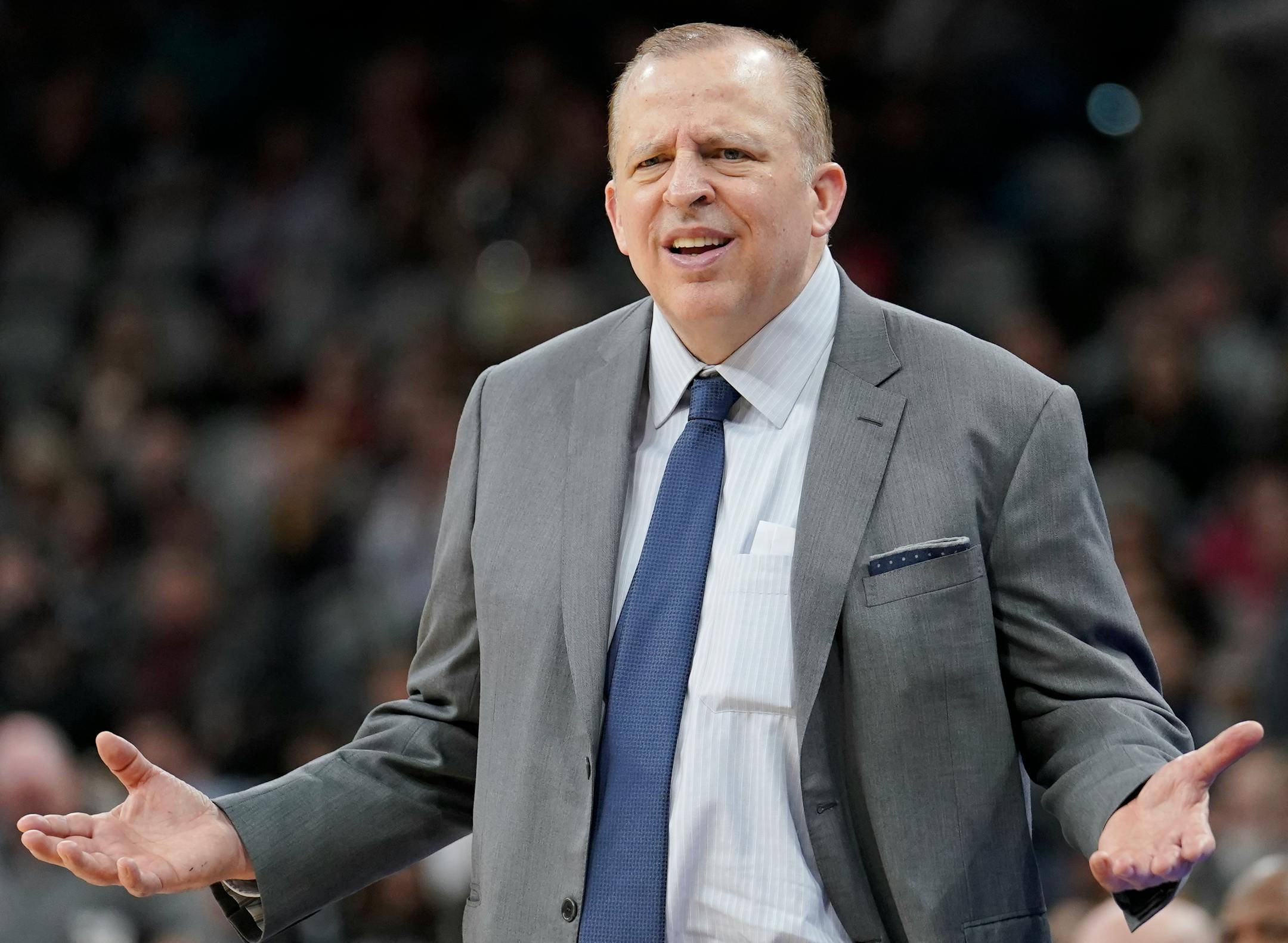 Minnesota Timberwolves head coach Tom Thibodeau reacts to a call during the second half of an NBA basketball game against the San Antonio Spurs, Friday, Dec. 21, 2018, in San Antonio. (AP Photo/Darren Abate)
