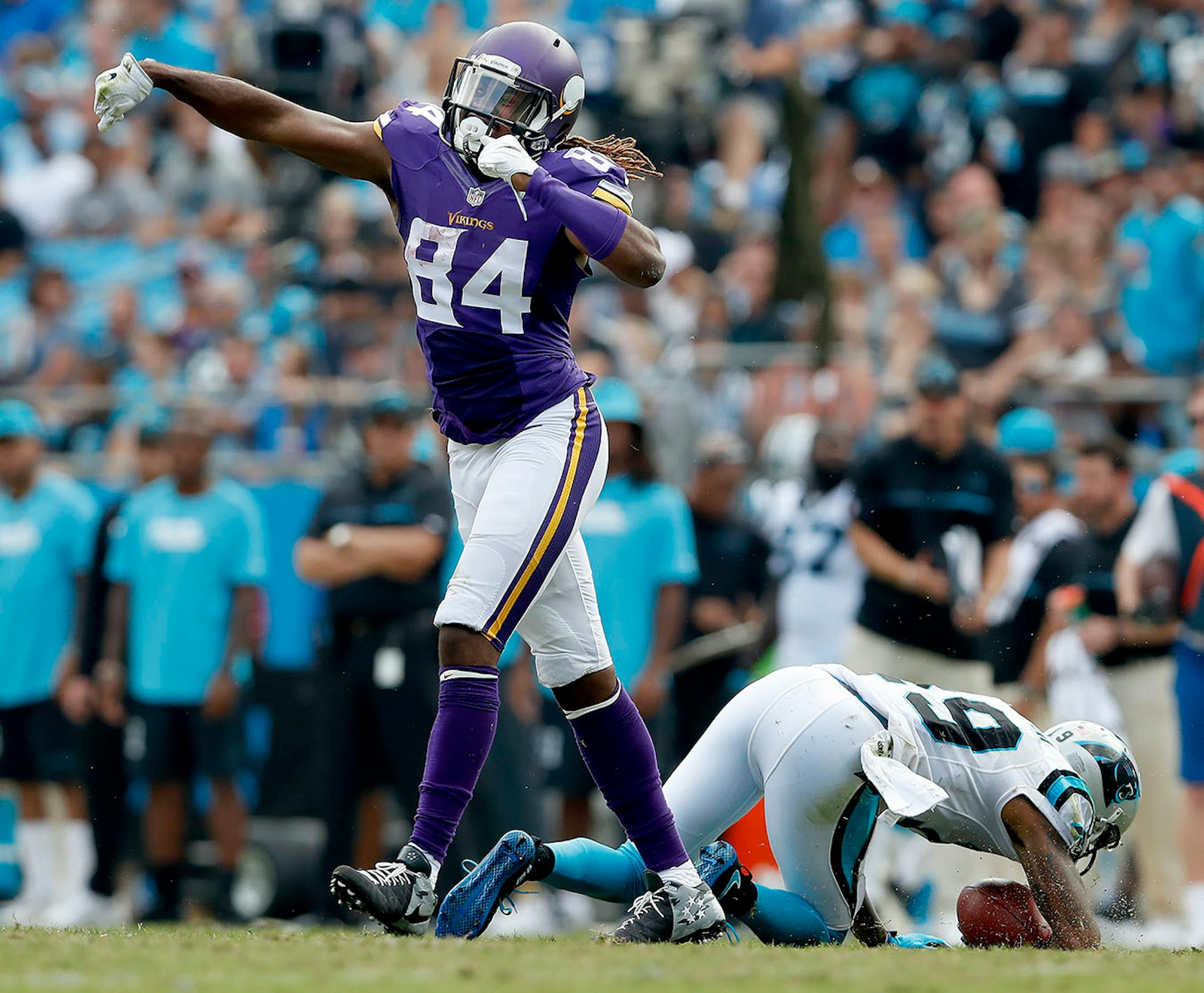 Cordarrelle Patterson (84) celebrated after making a tackle on special teams.