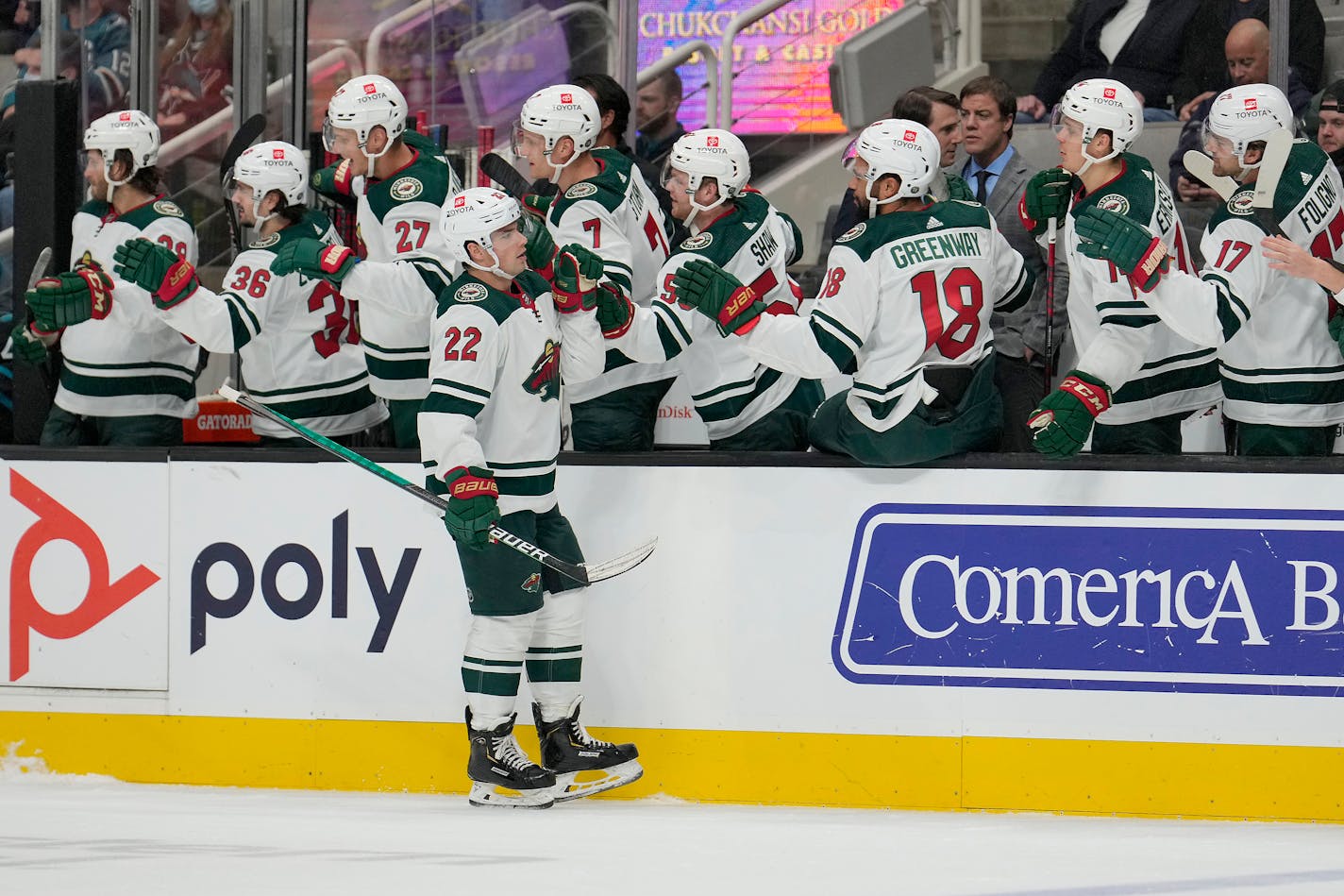 Wild left wing Kevin Fiala is congratulated by teammates after his goal against the San Jose Sharks on Thursday.