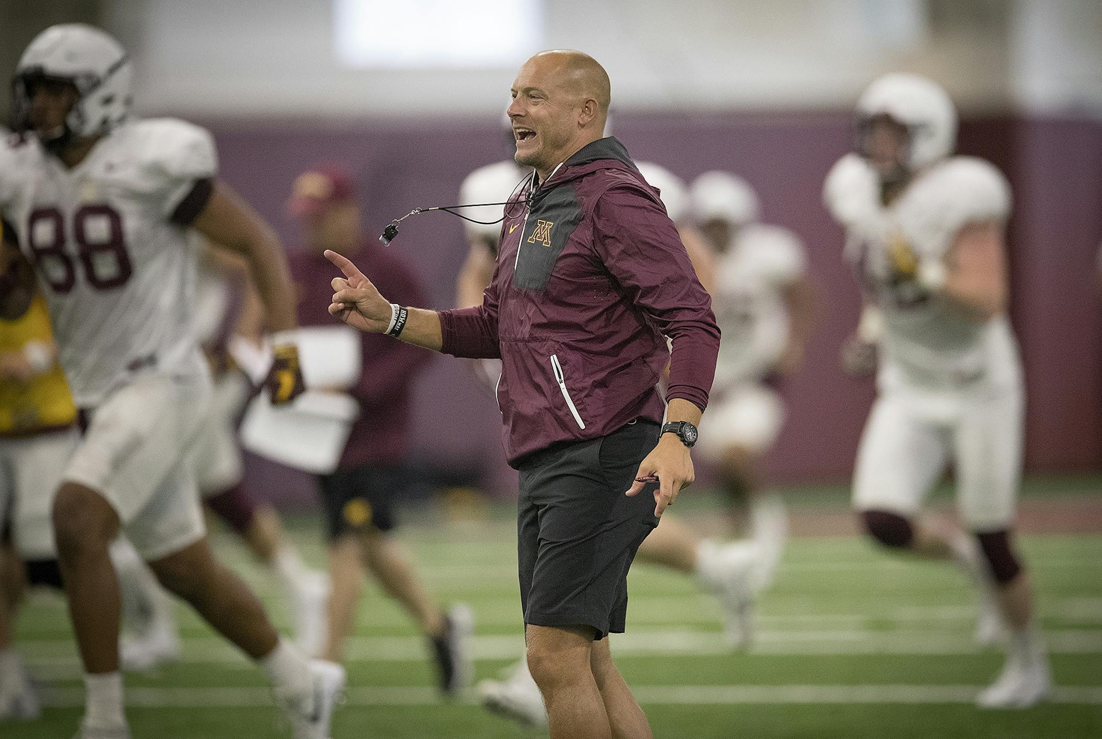 Minnesota's Head Coach P.J. Fleck took to the field for the first practice that was open to the public at the Athletes Village at the University of Minnesota in Minneapolis, MN.