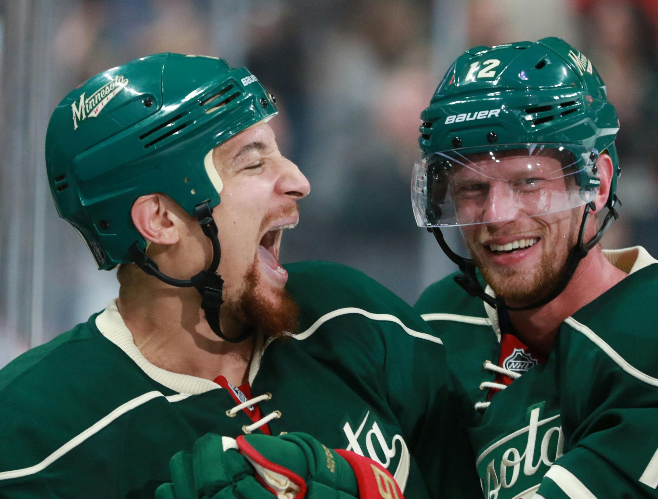 The Minnesota Wild's Chris Stewart, left, enjoys his second period goal with teammate Eric Staal during the Wild's home opener at the Xcel Energy Center Saturday, Oct. 15, 2016, in St. Paul, MN.](DAVID JOLES/STARTRIBUNE)djoles@startribune.comWild season opener vs. Winnipeg at the Xcel Energy Center Saturday, Oct. 15, 2016, in St. Paul, MN.
