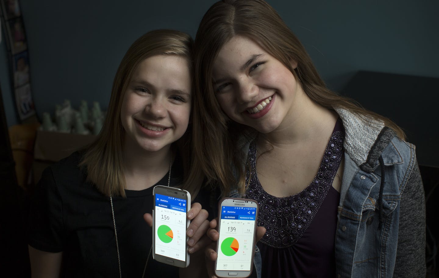 A portrait of sister Sophia Brunstad 12, left and Grace Brunstad 15, holding there smart phones which displays there blood-glucose data monitored by doctors on a weekly basis April 19, 2016 Farmington, MN.] Jerry Holt /Jerry.Holt@Startribune.com