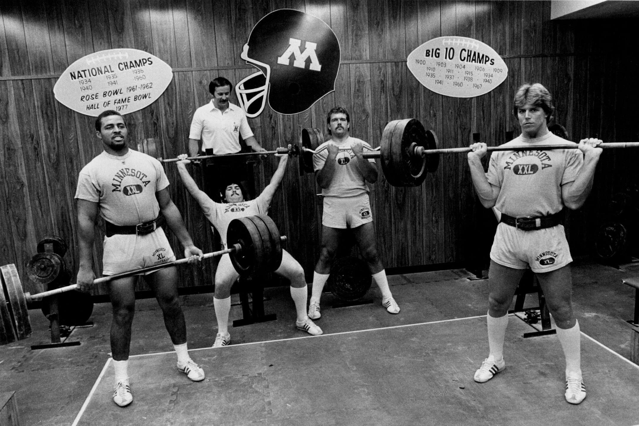 September 7, 1980: Gophers football players William Humphries, Ken Dallafior, Kent Penovlch and Ed Olson. Bob Rohde, the teamâ€™s weight-training coordinator, provided an assist for DallaÂ­fior.