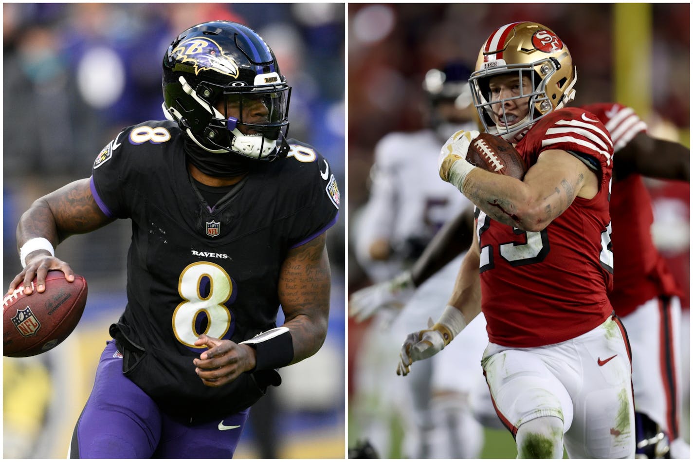 Ravens quarterback Lamar Jackson preparing to pass and 49ers running back Christian McCaffrey rushing the ball.