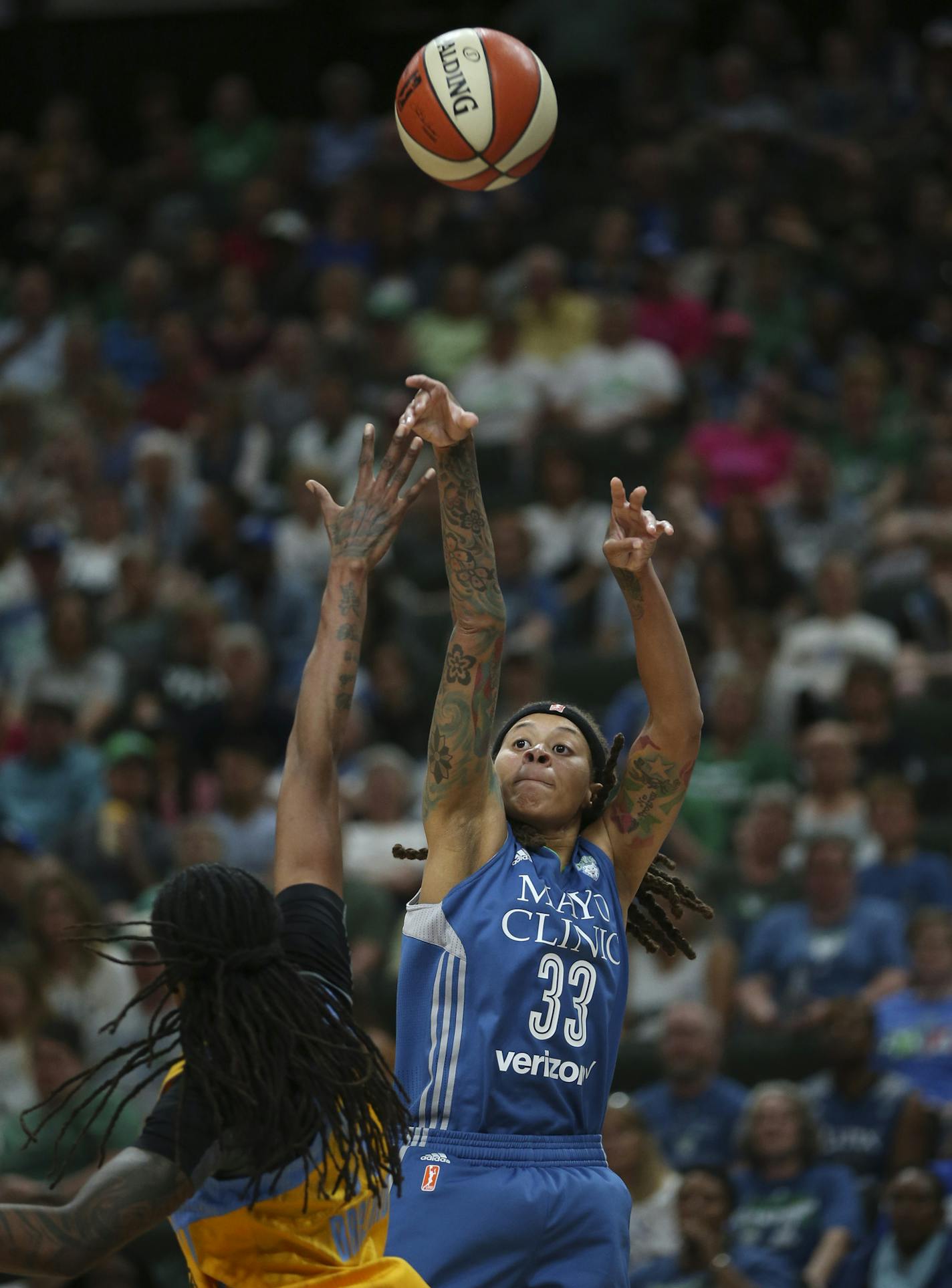 Minnesota Lynx guard Seimone Augustus (33) with a second quarter basket. ] JEFF WHEELER &#xef; jeff.wheeler@startribune.com The Minnesota Lynx opened their WNBA basketball season Sunday evening, May 14, 2017 against the Chicago Sky at Xcel Energy Center in St. Paul, their home for the entire 2017 season.