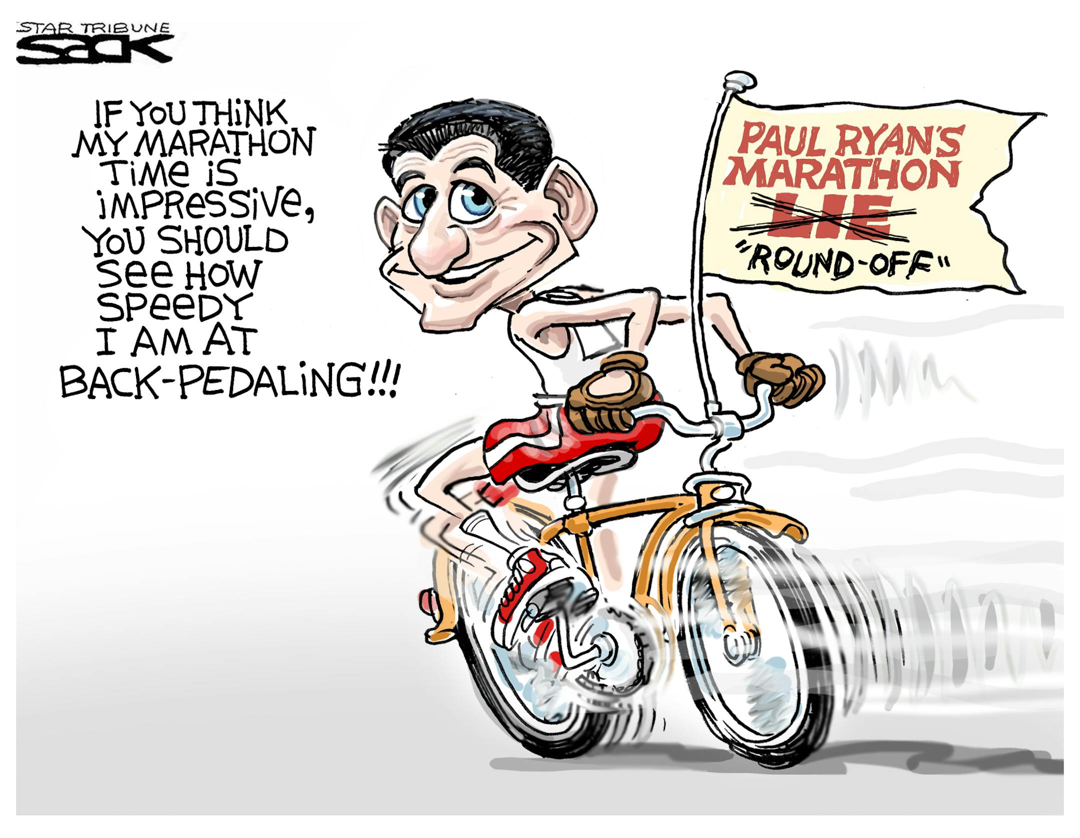 Steve Sack editorial cartoon for Sept. 8, 2012. Topic: Paul Ryan's false statement about his race time at Grandma's Marathon, Duluth.