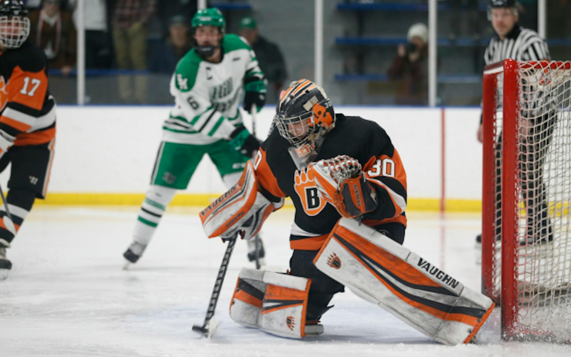 White Bear Lake goalie Tyler Steffens prepared to make a save against Hill-Murray during the Bears' 3-2 overtime win on Tuesday night at Aldrich Arena. Steffens made 19 saves.