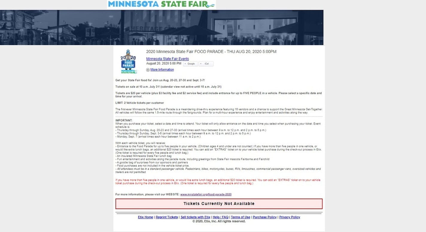 A screenshot of the Minnesota State Fair's Food Parade ticket site.