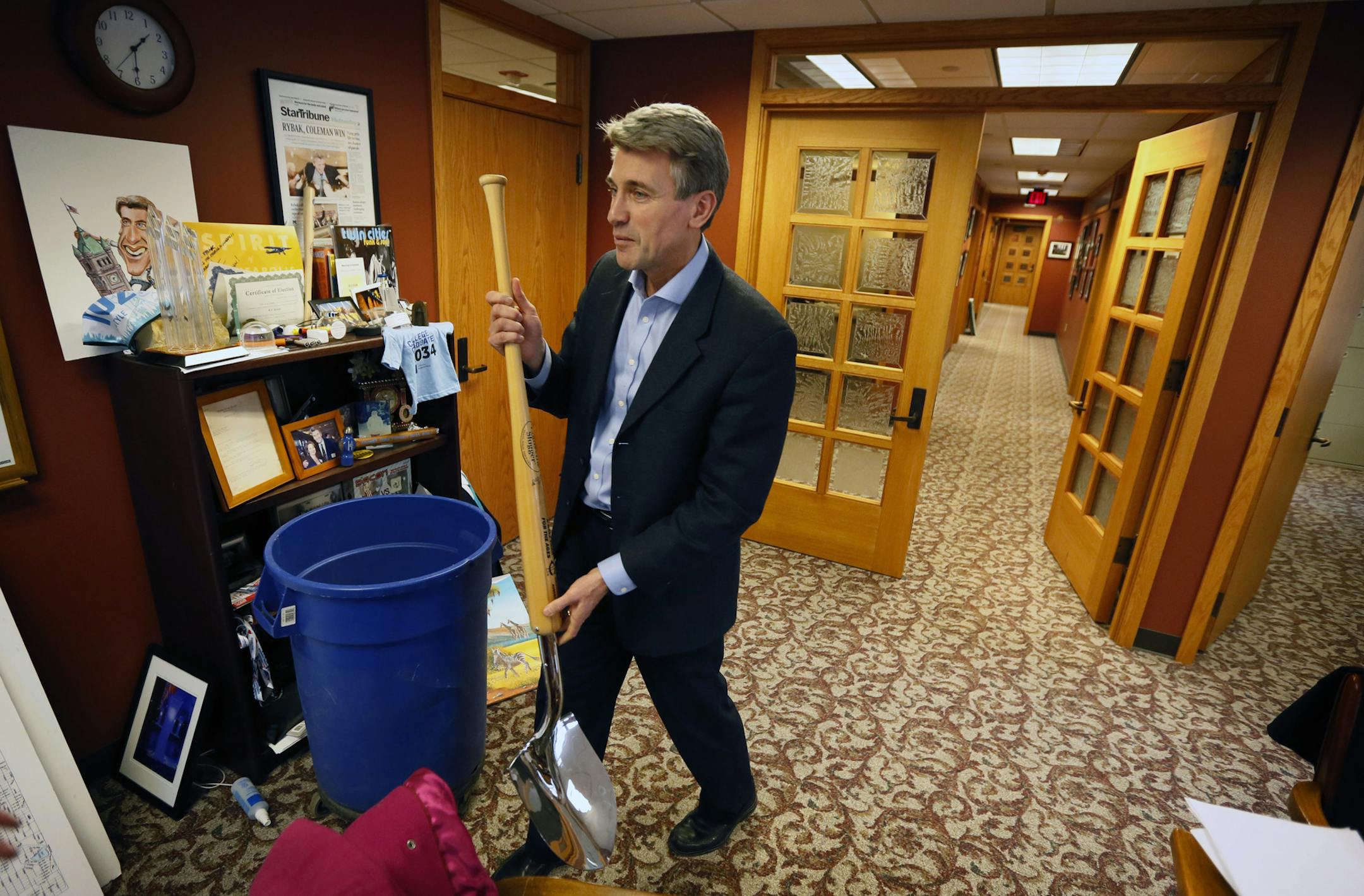 Mayor R.T. Rybak spent some time in his office between last minute meetings and city business calls, going through some of the mementos and gifts he's been given over the years. Including this Twins bat with a shovel on the end from the groundbreaking at Target Field.