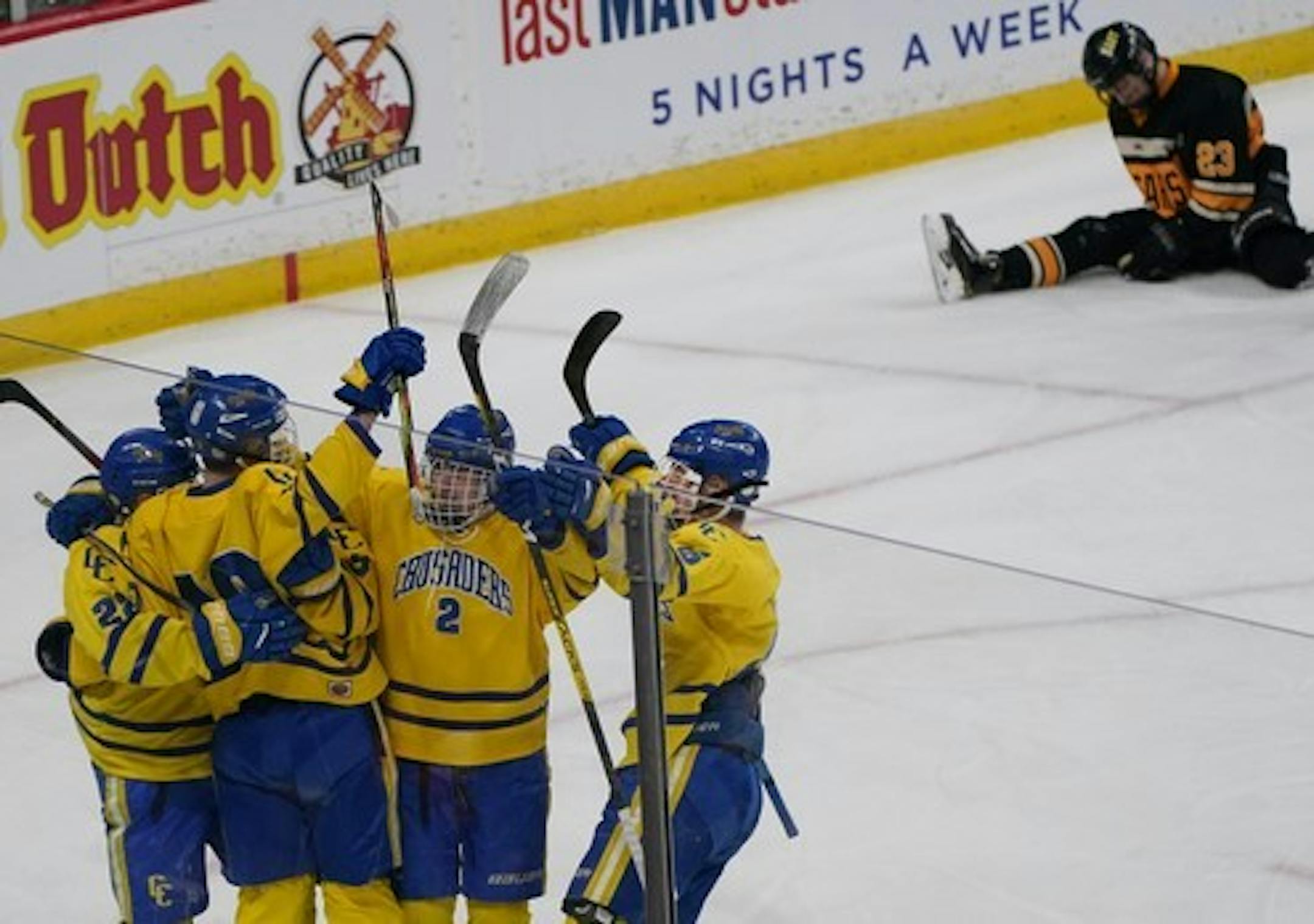 Defending champion St. Cloud Cathedral celebrated one of its 11 goals against Mankato East/Loyola during Thursday's Class 1A quarterfinal at Xcel Energy Center.