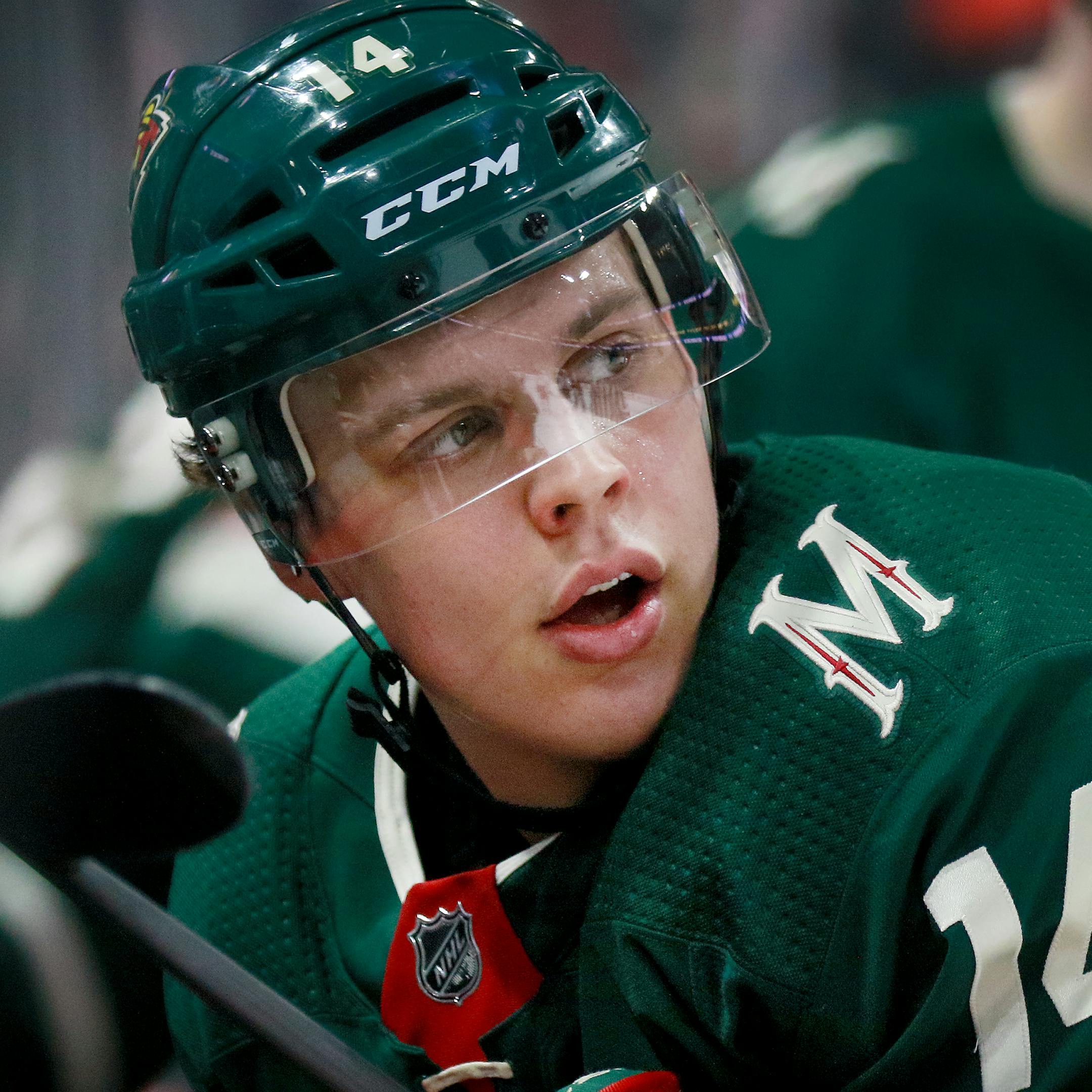 The Minnesota Wild's Joel Eriksson Ek (14) takes a breather during a stop in the action in the second period of the Wild's 4-1 win over the Winnipeg Jets Saturday, Jan. 13, 2018, at the Xcel Energy Center in St. Paul, MN.] DAVID JOLES &#xef; david.joles@startribune.com Wild vs. Winnipeg Jets