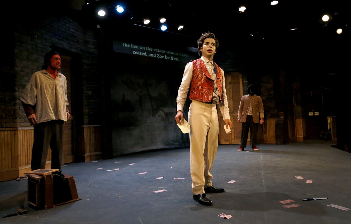 Actors Jon Hegge, William Hodgson and Ricardo Vazquez during a rehearsal for "An Octoroon" at the Mixed Blood Theatre in Minneapolis.