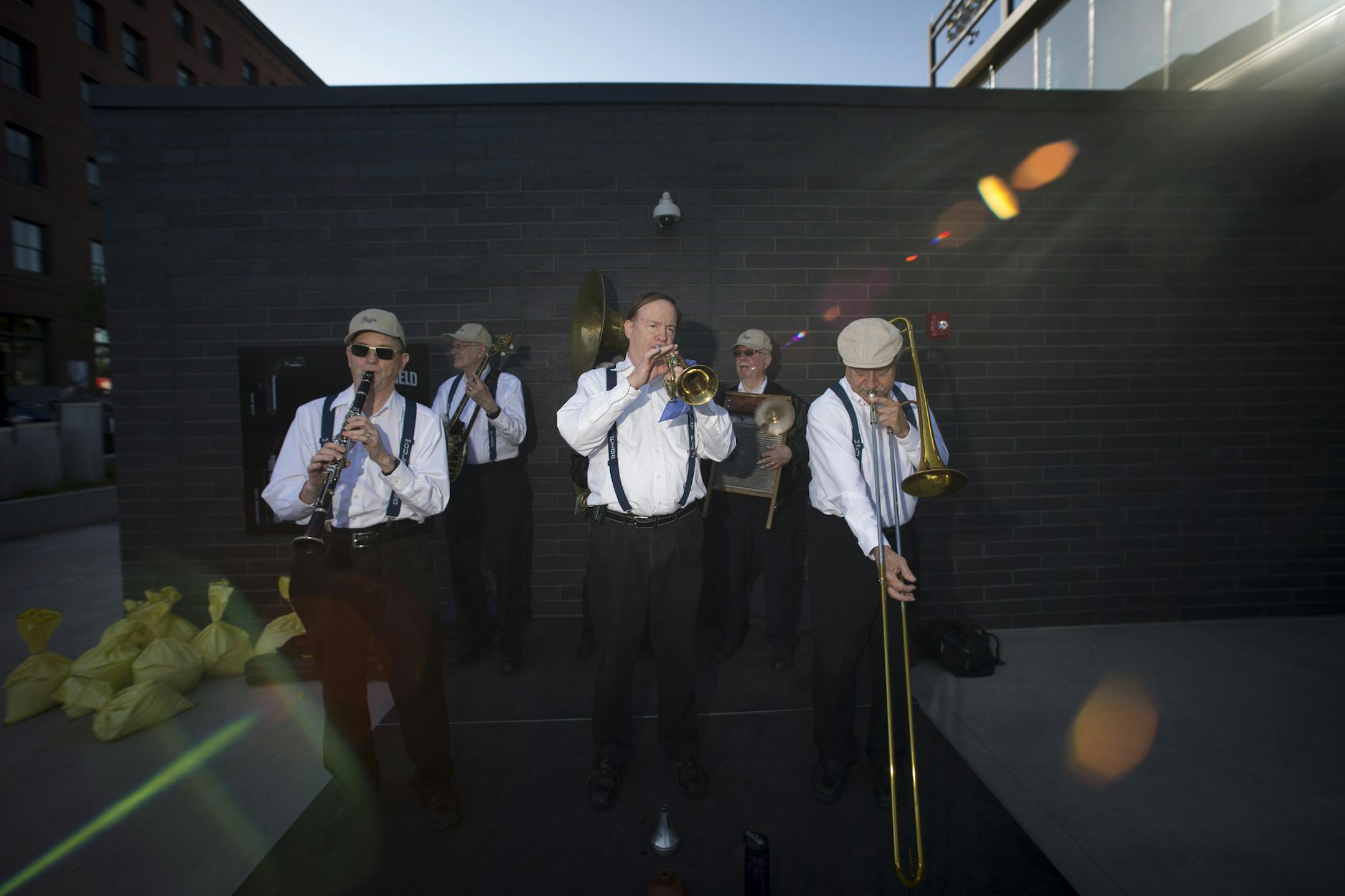 Musicians in the band "The Mouldy Fiss" performed "When the Saints Come Marching In" outside of CHS Field before Thursday night's Saints home opener. ] Aaron Lavinsky &#x2022; aaron.lavinsky@startribune.com The St. Paul Saints hold their season opener against the Fargo-Moorhead Redhawks at brand-new CHS Field on Thursday, May 21, 2015.