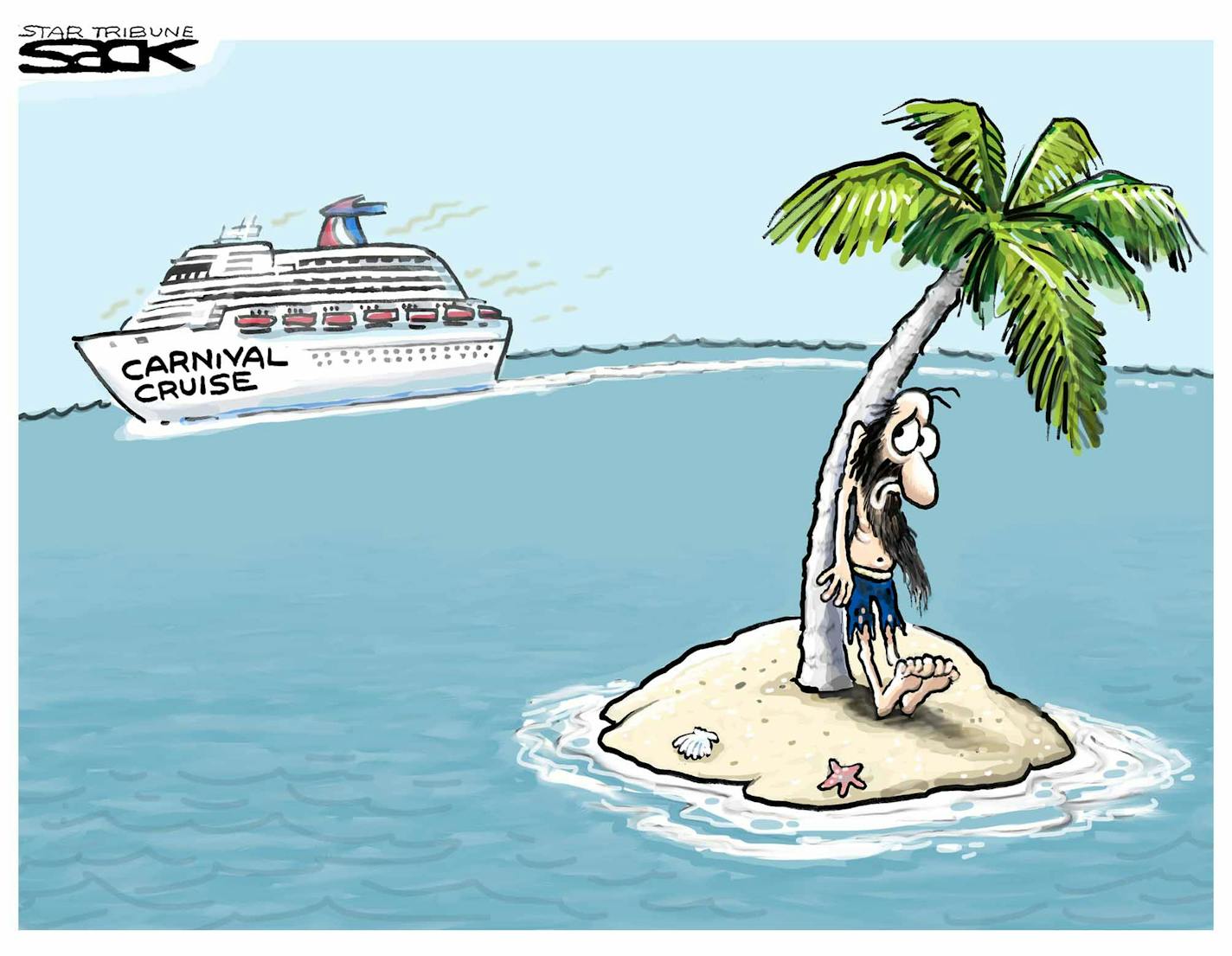 Steve Sack cartoon for Feb. 14, 2013. Topic: Passengers stranded on Carnival Cruise.