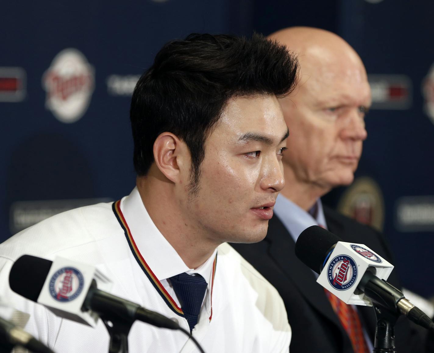 Byung Ho Park of South Korea meets the media, Wednesday, Dec. 2, 2015, in Minneapolis, after signing a three-year contract with the Minnesota Twins.